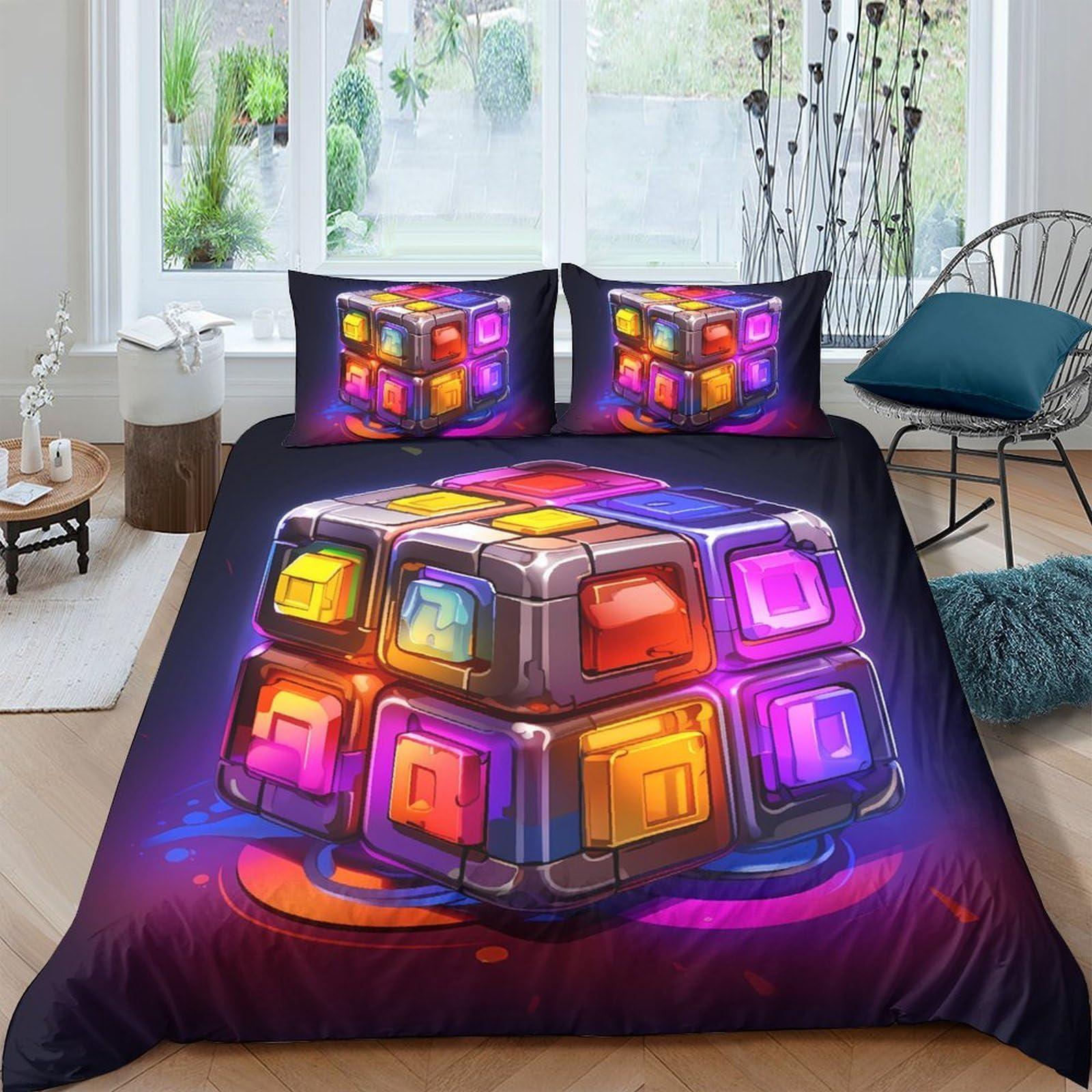 Ctjqhvkz Style-10 3D Printed Neon Rubik Cube Fitted Sheet Microfiber Soft Colourful Geometric Bed Cover For Bedroom Dorm Mattress Decor Single（135X200cm）