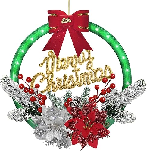 Corona LED de Navidad de 12 pulgadas con ramas de aguja de pino y lazo, corona de Navidad para puerta delantera con 60 luces LED para vacaciones de