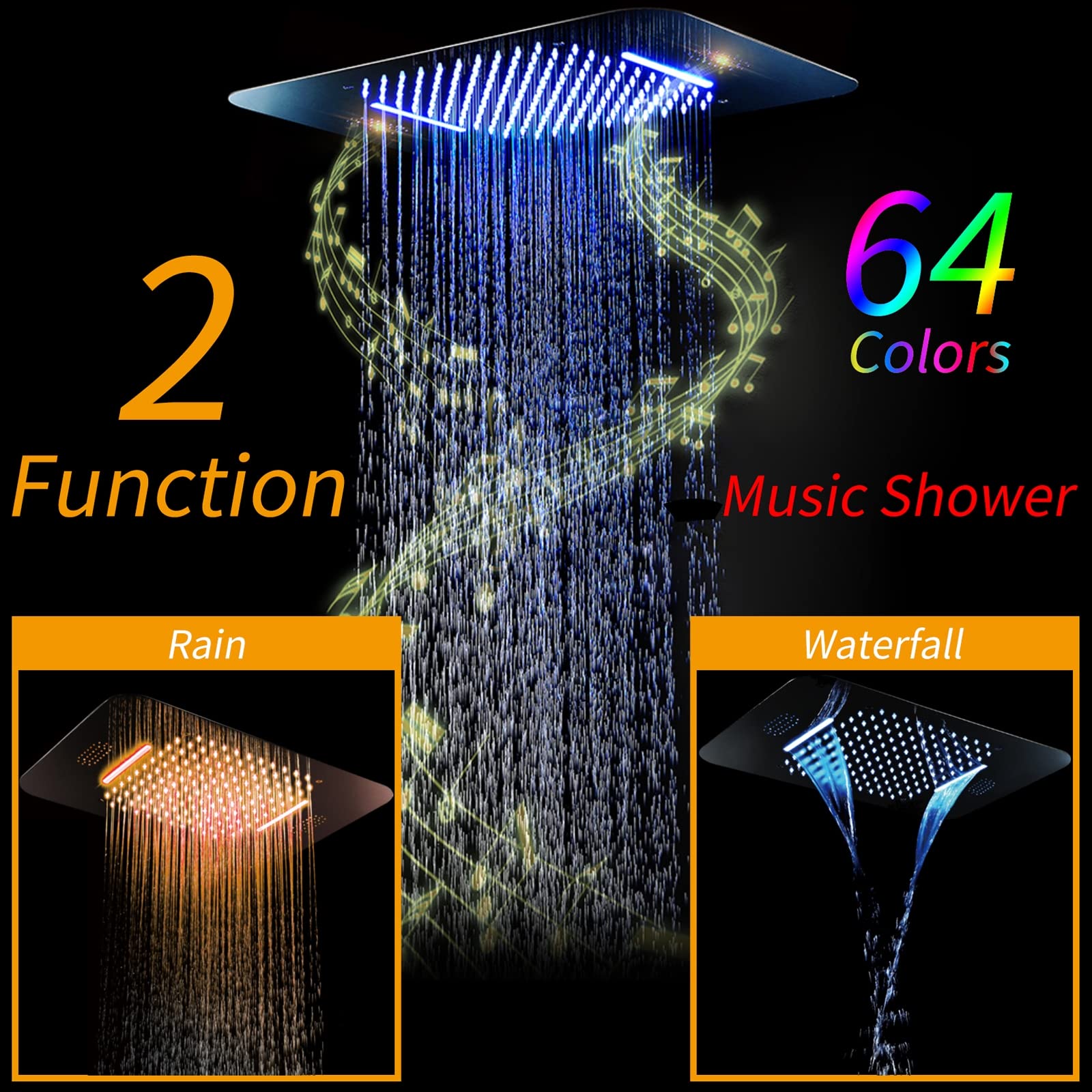 Soffione Doccia LED Musica, Cromato 2 Funzioni Soffione Doccia a Pioggia 304 Acciaio Inox Docce Fisse 64 Colore Grande Soffione Doccia Fisso ad Alta Pressione Testa Doccia,Touch Control