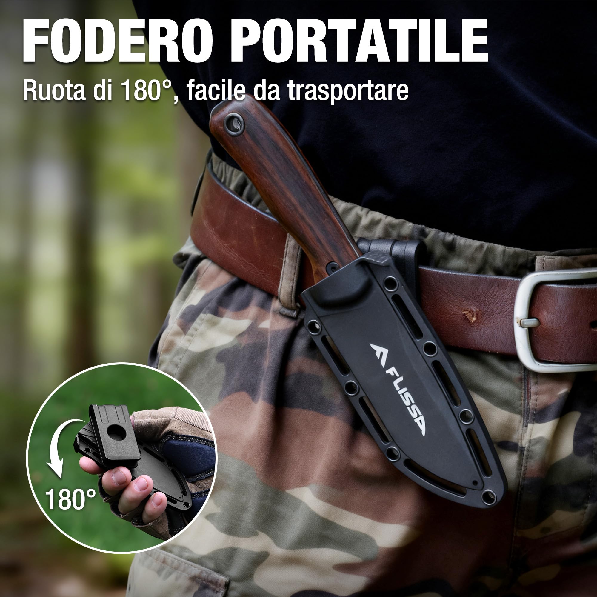 FLISSA Coltello a Lama Fissa con Manico in Ebano Nero, Design Full Tang, Lama Affilata in Acciaio 14C28N, Clip per Cintura Rotante 180°, Ideale per Sopravvivenza, Campeggio ed Escursionismo