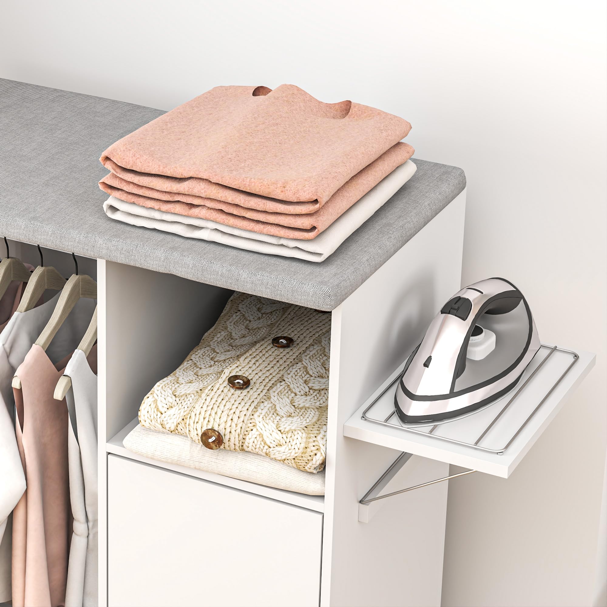 HOMCOM Mueble de Planchar de Madera Mueble de Planchado Tabla de Planchar Plegable con Ruedas Barra para Colgar Ropa Estante Abierto Estantes Ajustables para Sala Dormitorio 127x42,5x99 cm Blanco