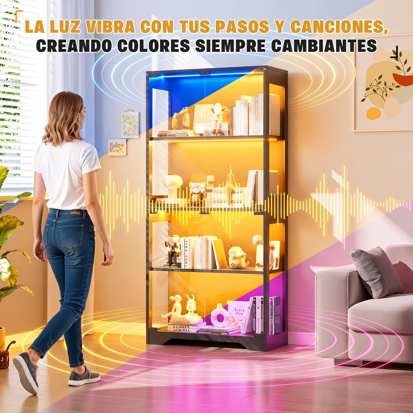 JUMMICO Vitrina de Cristal con LED,Armario Expositor de Estructura Metálica con 4 Estantes, Mueble Anti Polvo para Coleccionables, Libros y Figuras Decorativas para Salón y Dormitorio