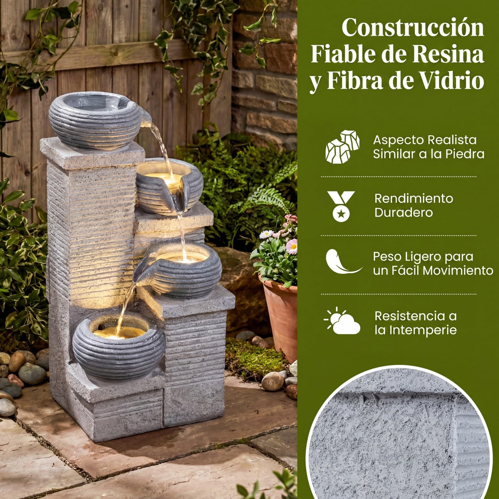 COSTWAY Fuente de Agua Decorativa con Luz LED, Fuente de Jardín Cascada de 4 Niveles con Cuencos, Flujo Ajustable y Bomba, Decoración Zen Interior Exterior para Patio Hogar Oficina, 28 x 22 x 58 cm