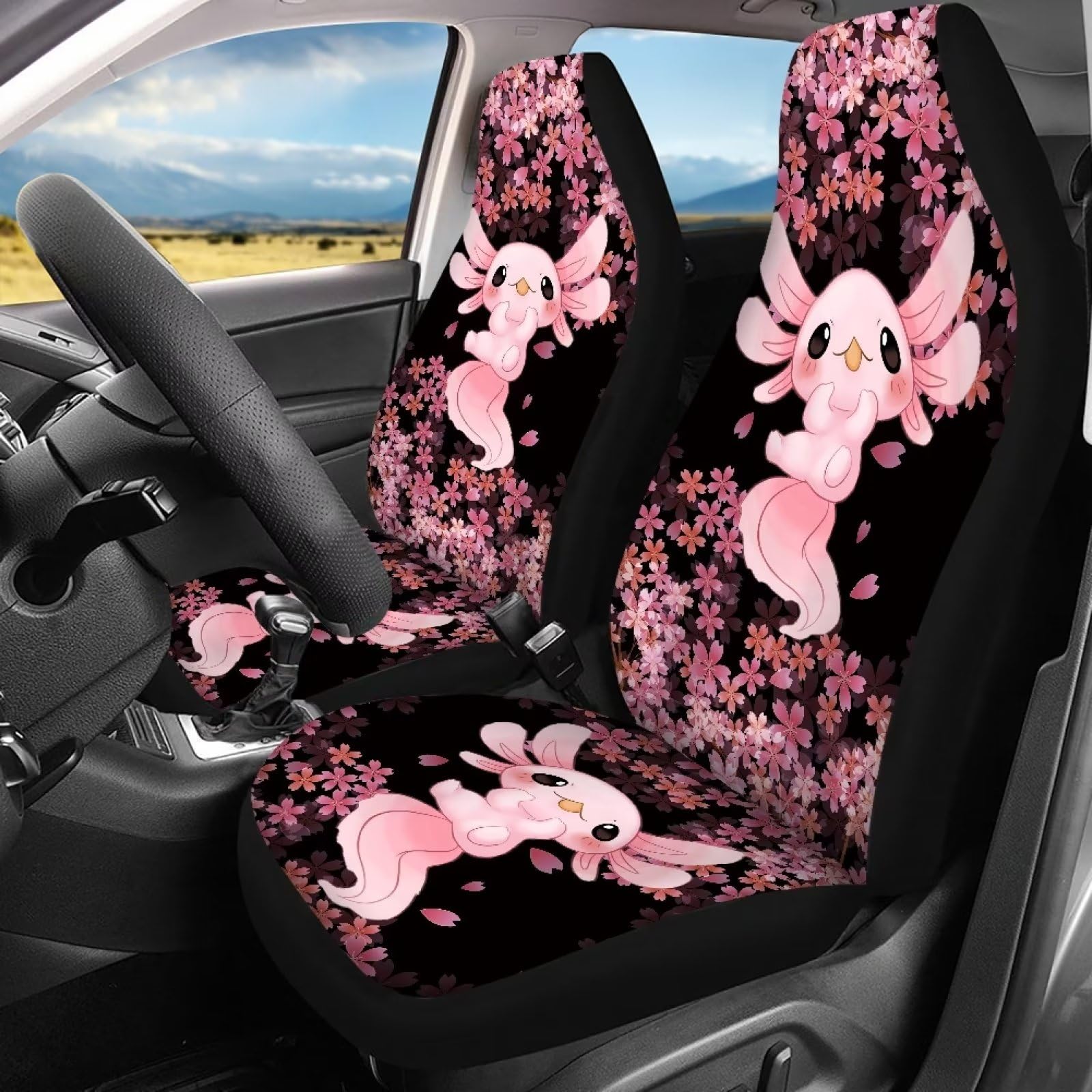 Belidome Pink Axolotl Kirschblüte 4er Set Sitzbezüge Schonbezüge Schonbezüge für Auto LKW SUV Vans, Einheitsgröße