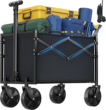 OLIXIS Collapsible Wagon Cart with Wheels 220 lbs Capacity, Heavy Duty Mini Foldable Portable Wagon with Adjustable Handle, Small Foldable Cart for Camping, Garden, Sports, Beach, Shopping - Black