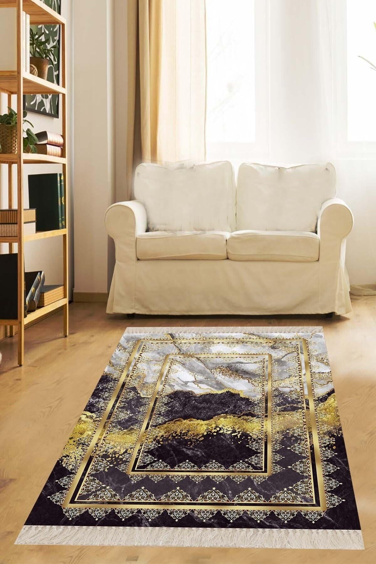Pelangi Siyah Mermer Desenli Halı, Siyah-Beyaz 160 x 230