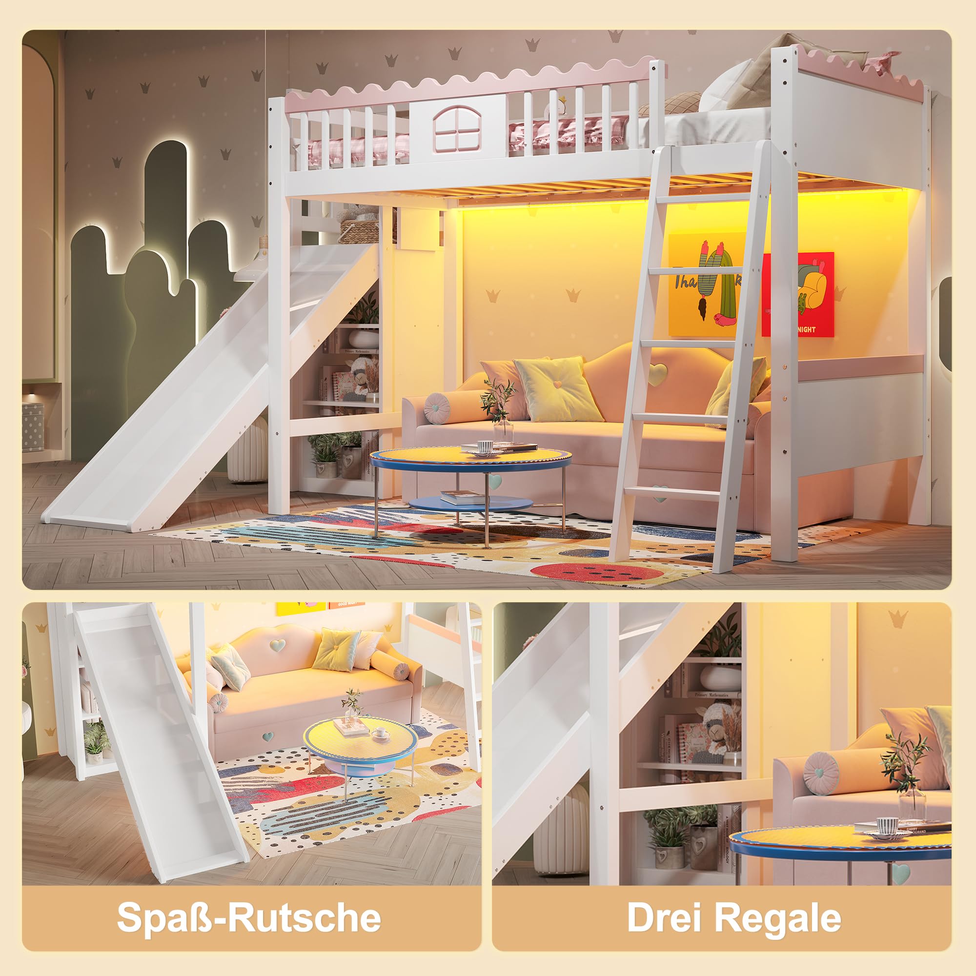 Merax Kinderbett 90x200, Hochbett mit Rutsche und Stauraum, Jugendbett Mädchenbett, LED-Bettgestell mit Lattenrost(ohne Matratze), Einzelbett aus Kiefernholz, EN747 Zertifiziert, Weiß