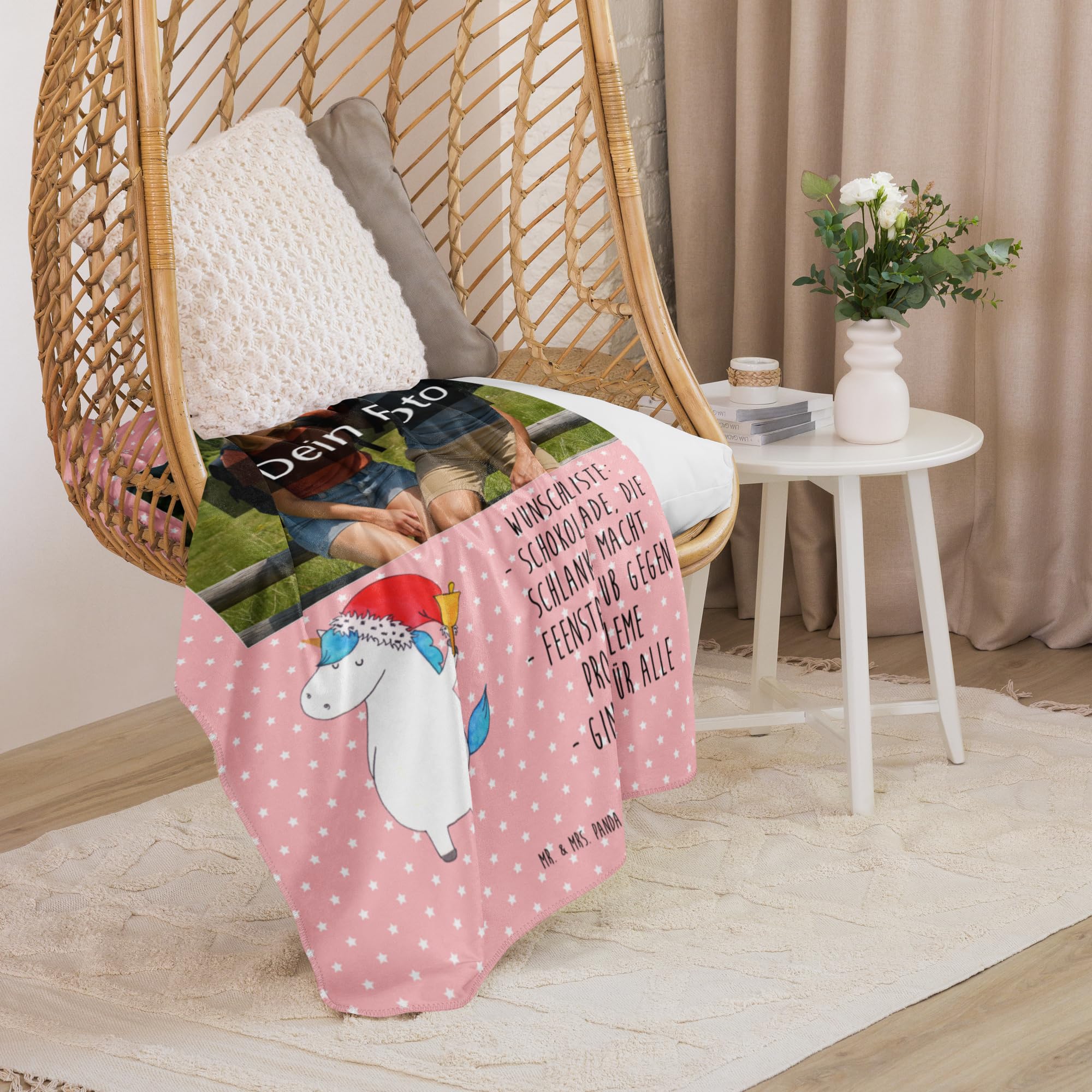 Mr. & Mrs. Panda Sherpa Foto Kuscheldecke Einhorn Weihnachtsmann 130 x 155 cm - Geschenk, Unicorn, Einhörner, Nikolaus, Weihnachten, Gin, Schokolade