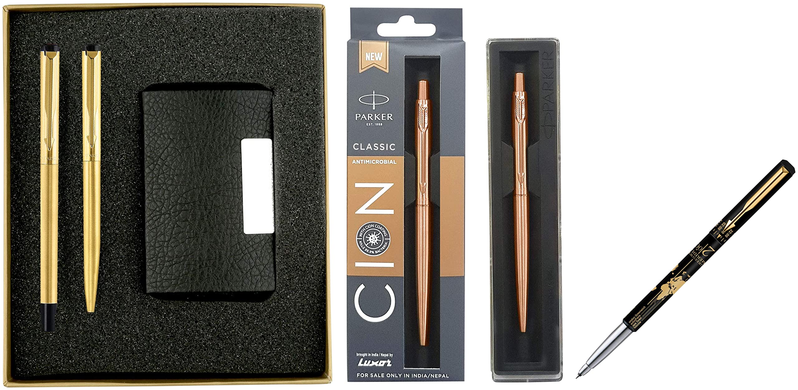 Parker Jotter Anti Microbial Stainless Steel Ball Pen, 1 Count & Vector Gold Trim Roller Ball Pen Gift Set, 3 Count & Moments Vector Timecheck Gold Trim Roller Ball Pen