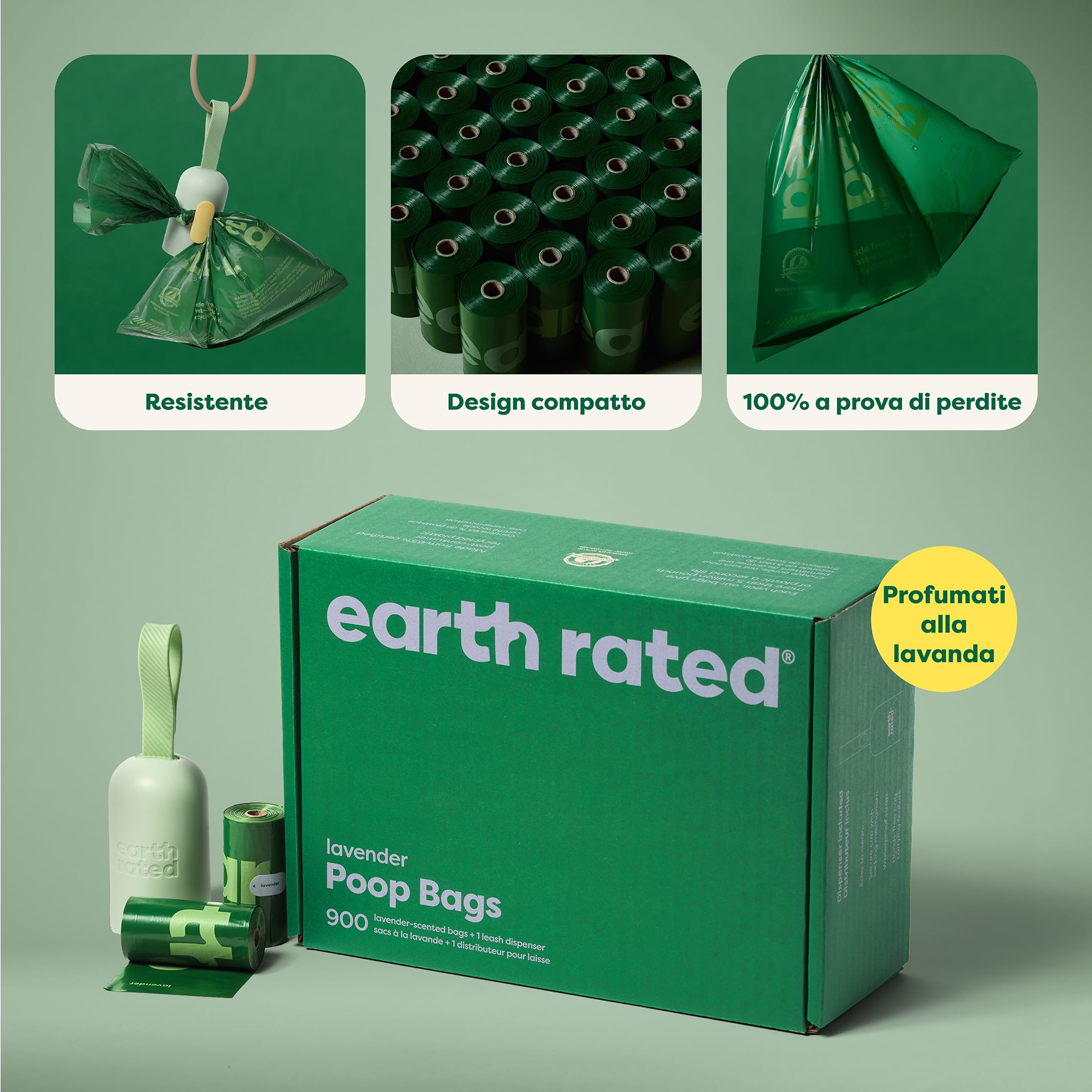 Earth Rated Portasacchetti per cani con sacchetti, resistente e a prova di perdite, profumati alla lavanda, 1 dispenser e 900 sacchetti
