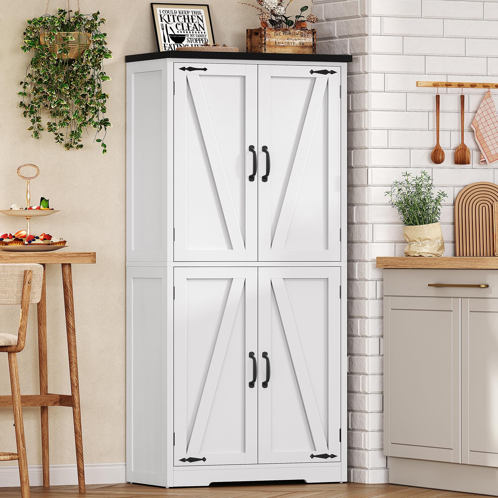 TEENFON 148 cm Küchenschrank 4 Scheunentüren, Mehrzweckschrank mit 2 Feste Regale & 1 Verstellbare Regale, Vorratsschrank für Küche, Esszimmer, Wohnzimmer, Badezimmer - 60 x 30 x 148 cm - Weiß