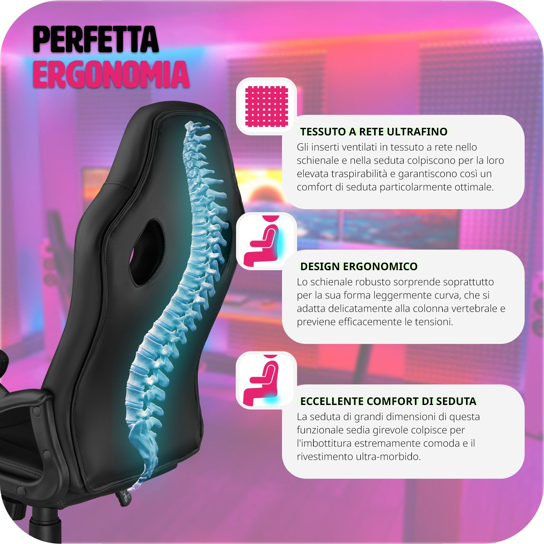 tectake® Sedia da Ufficio Ergonomica, Poltrona Gaming con Altezza Regolabile, Struttura Robusta, Rotazione a 360 Gradi, Meccanismo Basculante, 5 Rotelle Doppie - Nero