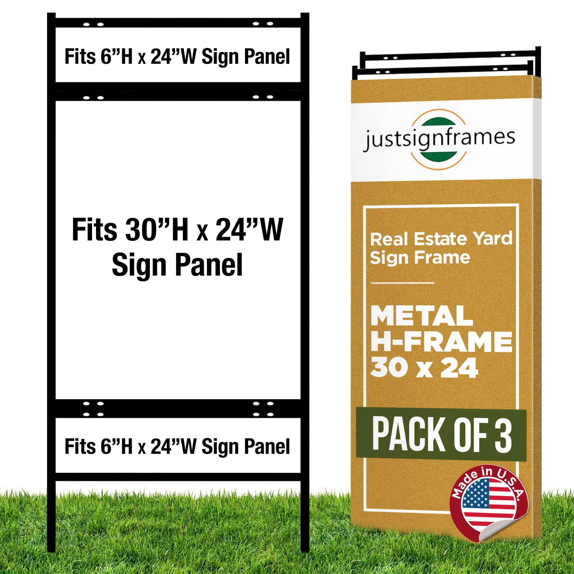 JustSignFrames Real Estate Metal H Frame (3-Pack) With Riders - Steel Sign Holder, 30" x 24" Yard Sign Stand, Open House for Real Estate (1 Main, 2