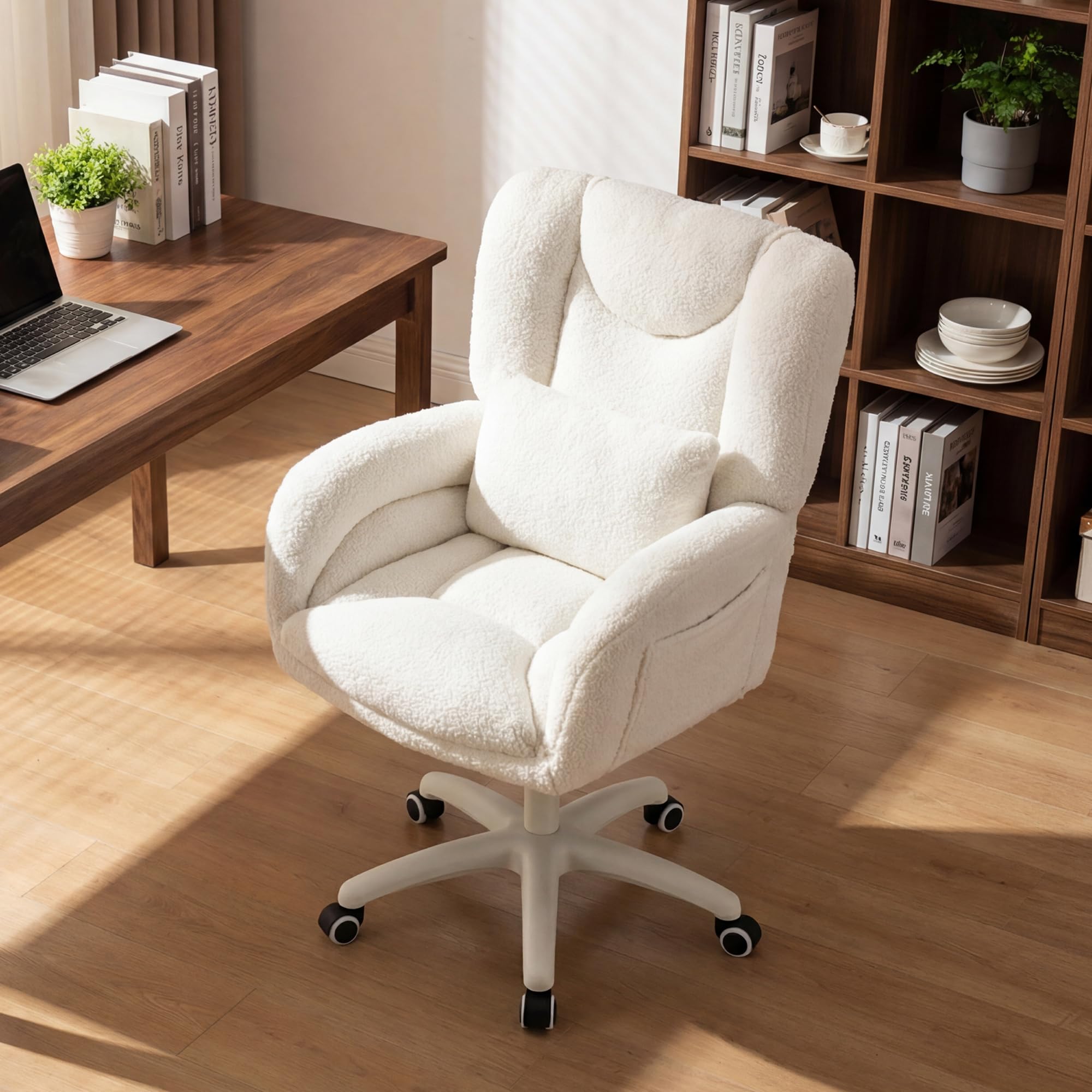 DEKKETO Cross Legged Office Chair with Side Pockets, Teddy Fabric Swivel Vanity Chair for Dressing Table, Comfy Ergonomic Home Desk Chair with Lumbar Pillow and Silent Wheels, White