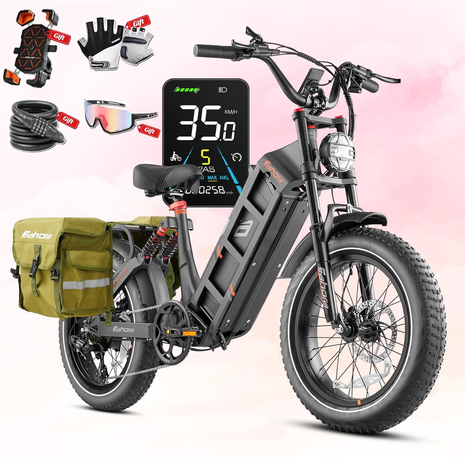 eAhora 2026 Juliet 31Mph Electric Bike for Adults Peak 1200W Ebike 48V/60Ah 100-200Miles Long Range E Bikes 20" Fat Tires Full Suspension Electric Bicycle Black+Bag
