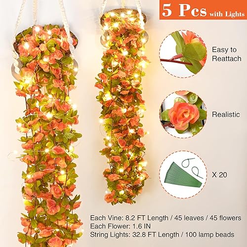 Miniatura 2 de BLEUM CADE 5 guirnaldas de flores artificiales de 41 pies con cadena de luces de 32.8 pies, lindas flores colgantes falsas para decoración de bodas,