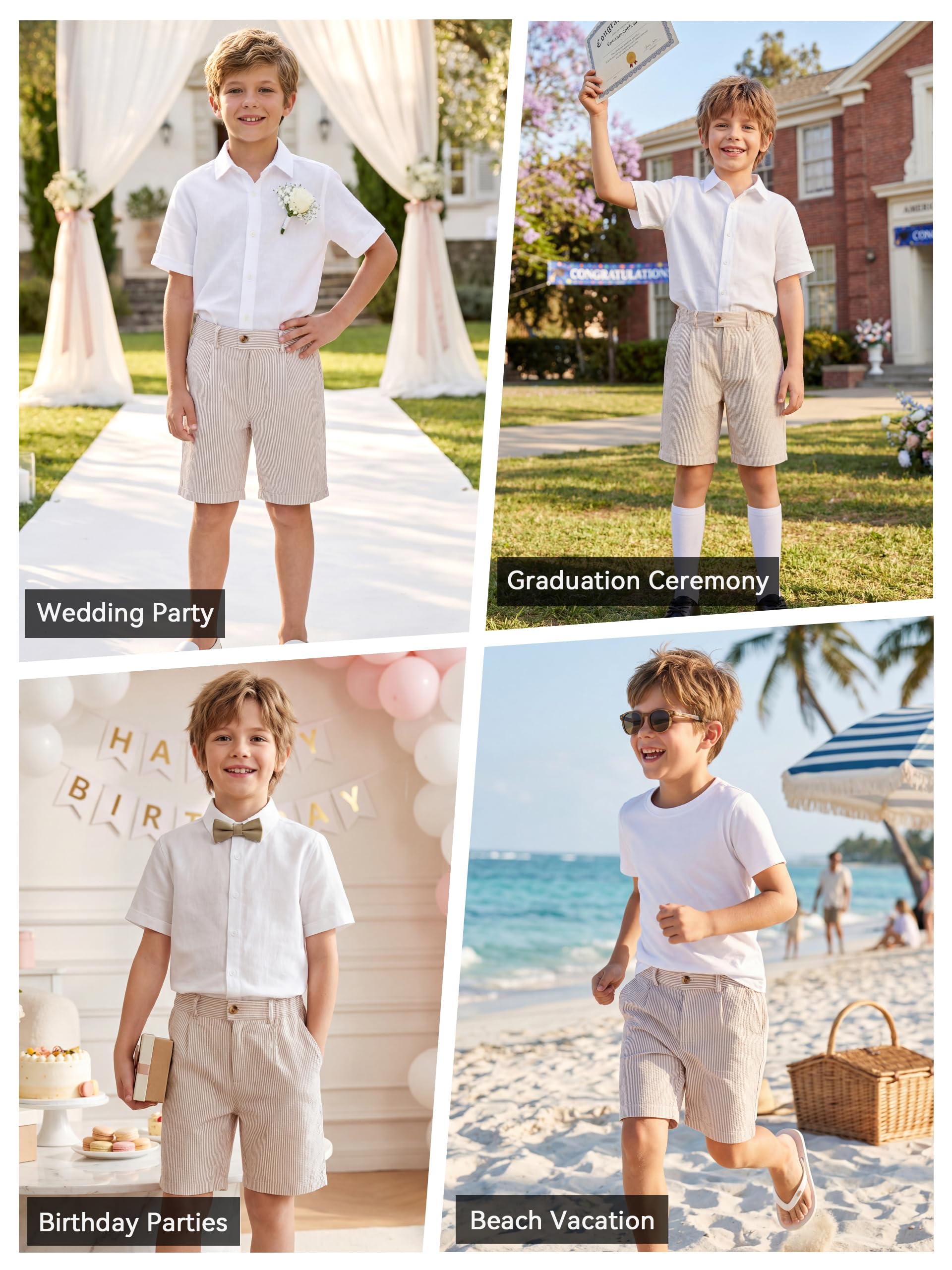 LOLANTA Short Garçon Seersucker pour Mariage, Short Léger en Mélange de Coton, Taille Ajustable avec Poches pour Plage
