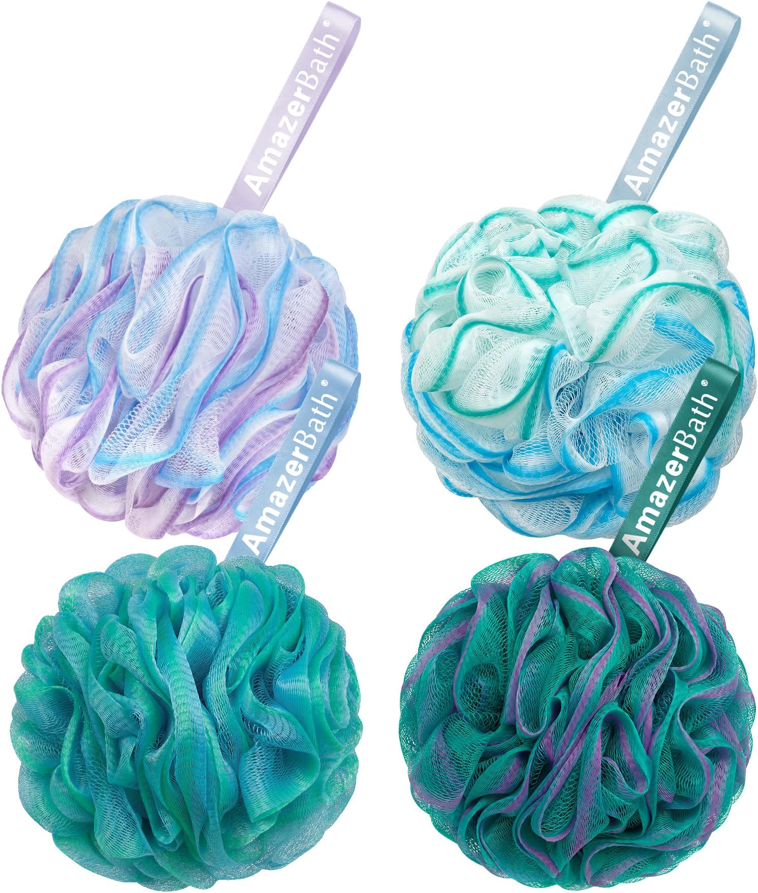 AmazerBath Loofah Sponge 75g/Piece, Exfoliating Bath Sponge Body Scrubber - Loofa Set of 4 Flower Color (Large, Green-Purple)