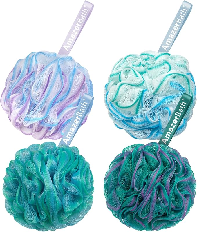 AmazerBath Bucha de Banho em PE 75 g por Unidade, Conjunto com 4, Cores Sortidas, Grande