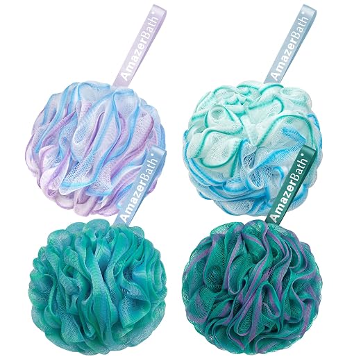 AmazerBath Loofah Sponge 75g/Piece, Exfoliating Bath Sponge Body Scrubber - Loofa Set of 4 Flower Color (Large, Green-Purple)