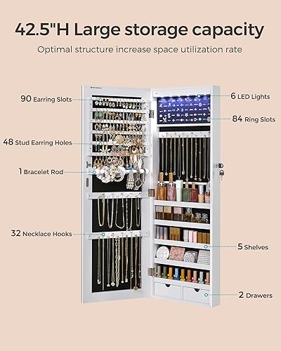 Miniatura 4 de SONGMICS Joyero colgante regalos de Navidad gabinete montado en la pared de 425 pulgadas de alto con luces interiores LED organizador de joyas