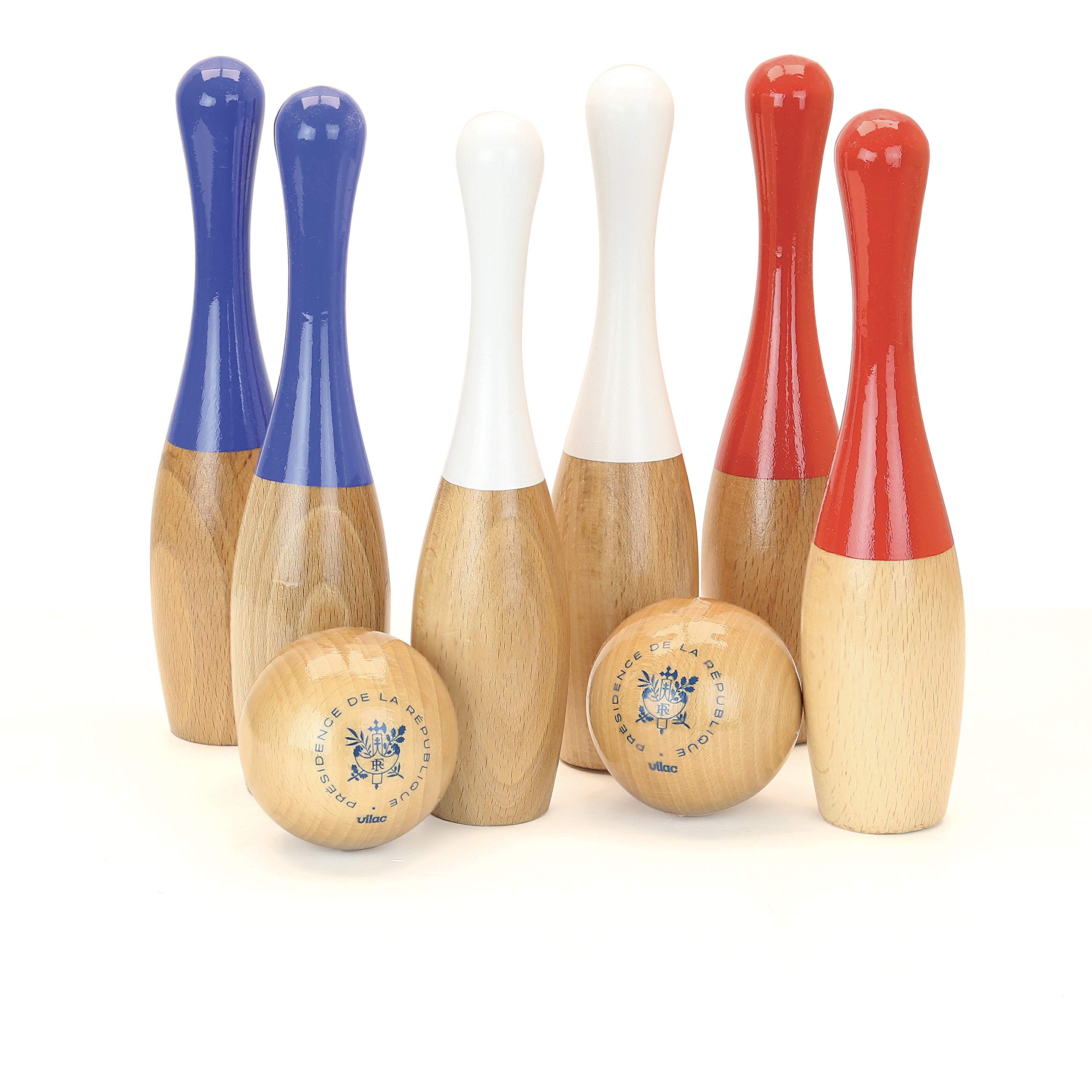 Vilac - Jeu de quilles Elysée - Jeu d'adresse - Activité familiale - Quilles en Bois de Hêtre - Jeu de Jardin - Couleurs France - 100% Made in France - Pochon de Rangement