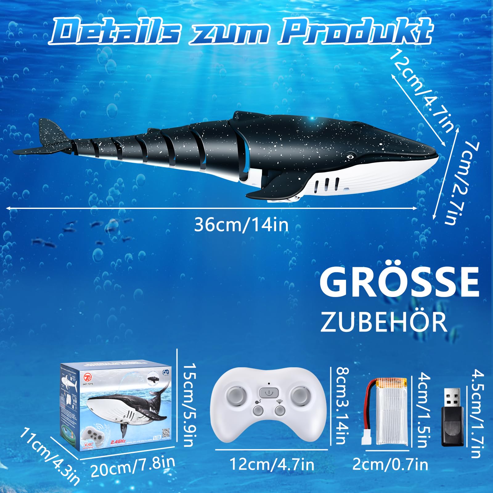IEEILULU Ferngesteuertes Wal Wasserspielzeug, 2.4GHz Ferngesteuertes Wal Spielzeug mit Wassersprüheffekt, Wasserdichter Fernbedienung, Elektrische Simulation Spielzeug Geschenk für 6+ Kinder (Blau)