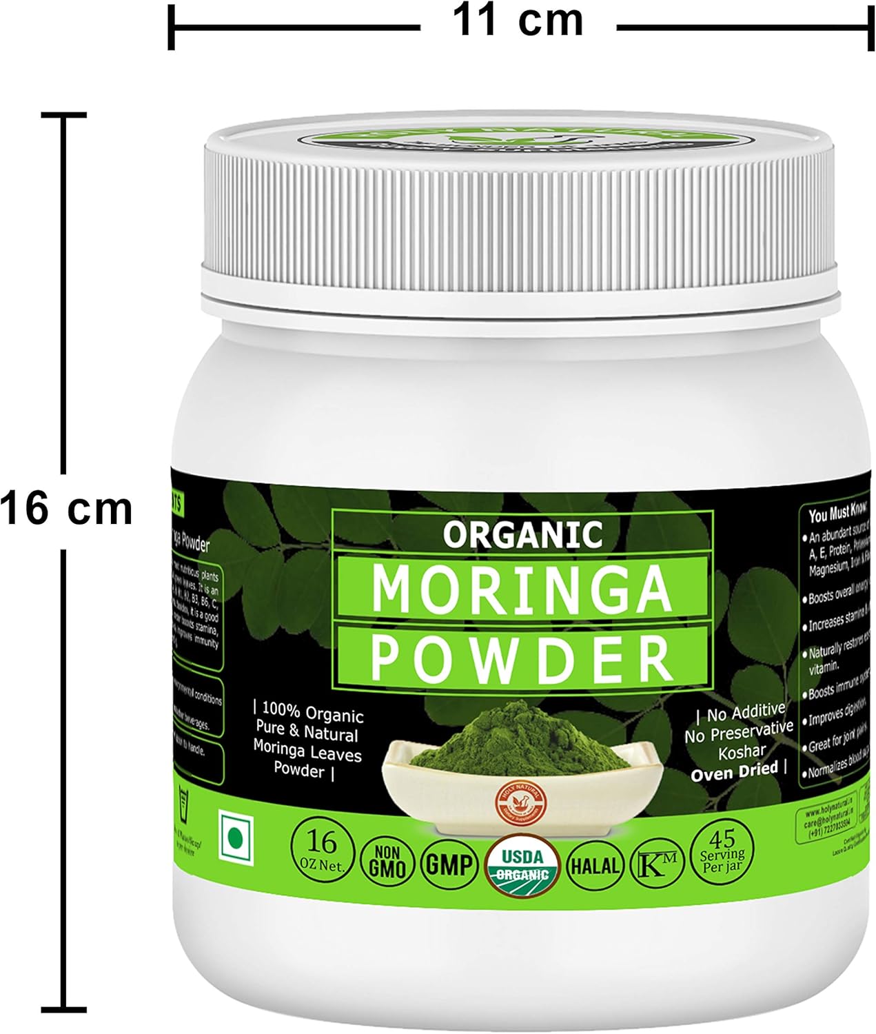 Moringa Leaves Powder- 16 Oz, USDA Certified I 100% Pure & Natural, Have Excellent Source of Many Vitamins and Mineral I RAW, Greenish Like Leaves, NO Preservative, Non GMO