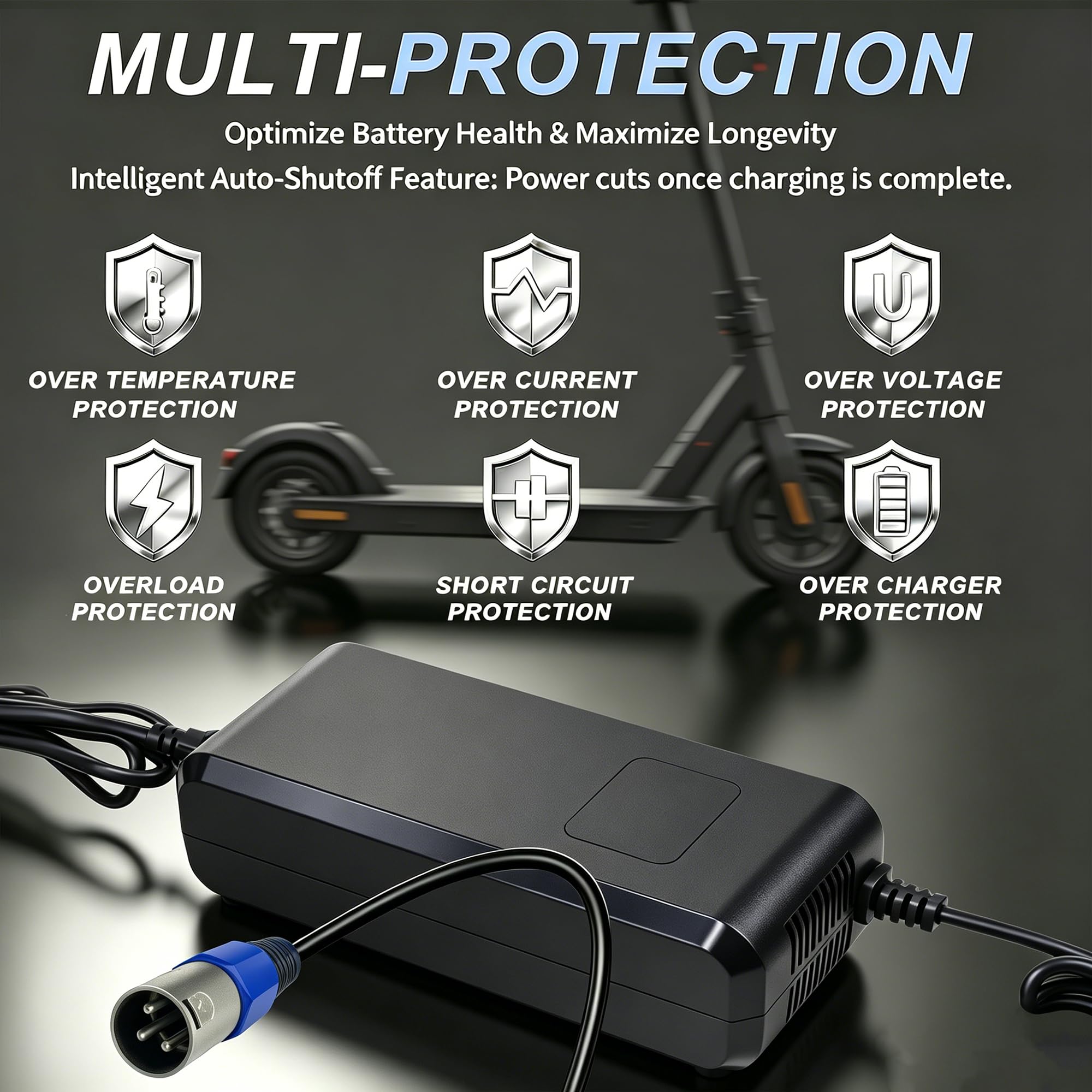 Chargeur 54,6V 4A pour Trottinette électrique Batterie Lithium 48V | Compatible vélos électriques, connecteur XLR mâle 18mm, protections sécurité, ventilateur & écran affichage tension.