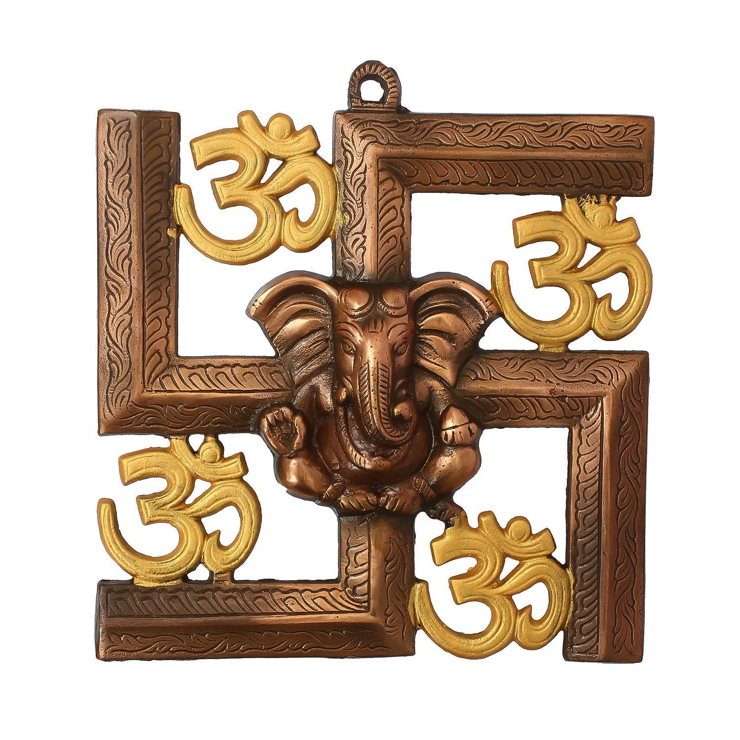 Webelkart Wysokiej jakości metal Om Swastika Ganesha wisząca rzeźba ścienna do drzwi wejściowych domu, Om Swastika Ganesha wisząca (24 cm, wielokolorowa)