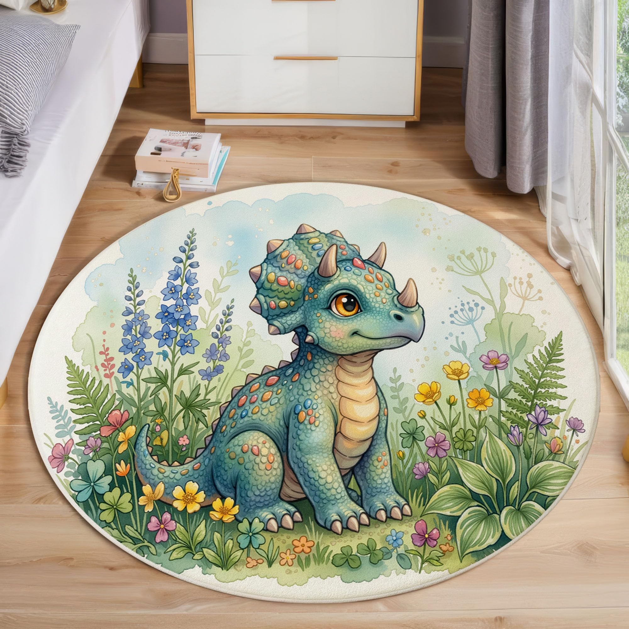Tapis Salon Rond 100cm Parterre De Fleurs Tricératops Lavable | Antidérapant Poil Ras Tapis Rond Animaux Mignons À L'Aquarelle pour Chambre Salle a Manger Salon Décoration D'intérieur