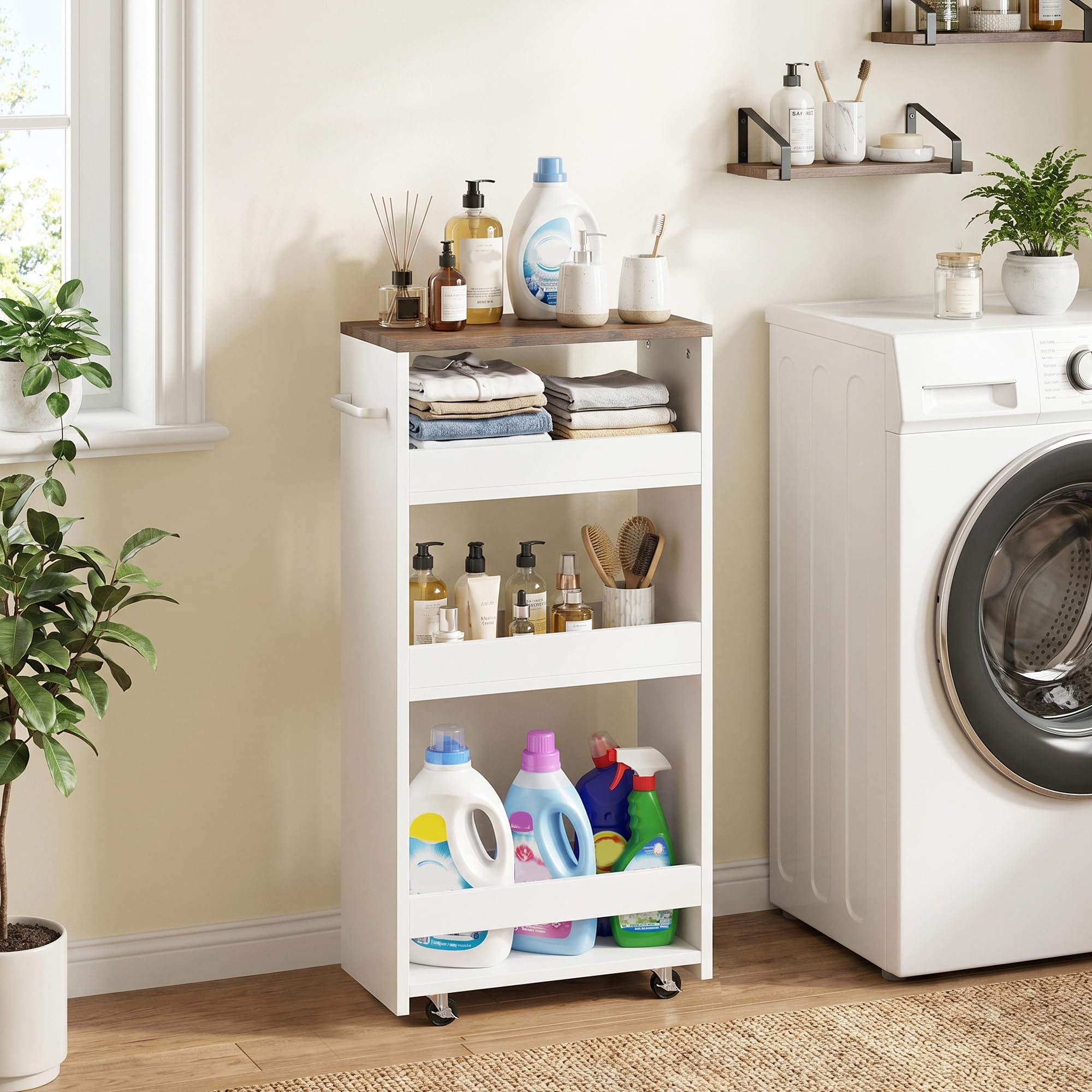 HOMCOM Carrito de Cocina Estrecho 3 Niveles con Ruedas 40x20x84 cm Blanco | Asa Lateral, Carro de Cocina Rodante, para Espacios Reducidos, Comedor o Salón