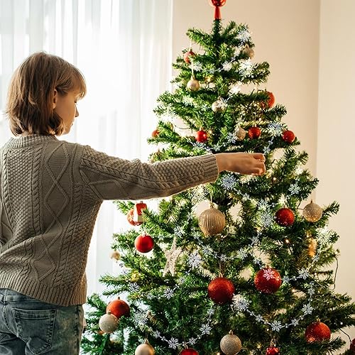 Miniatura 5 de Lewtemi Guirnalda de copos de nieve de acrílico de Navidad de 32.8 pies, adorno de copo de nieve para colgar en copos de nieve de Navidad,