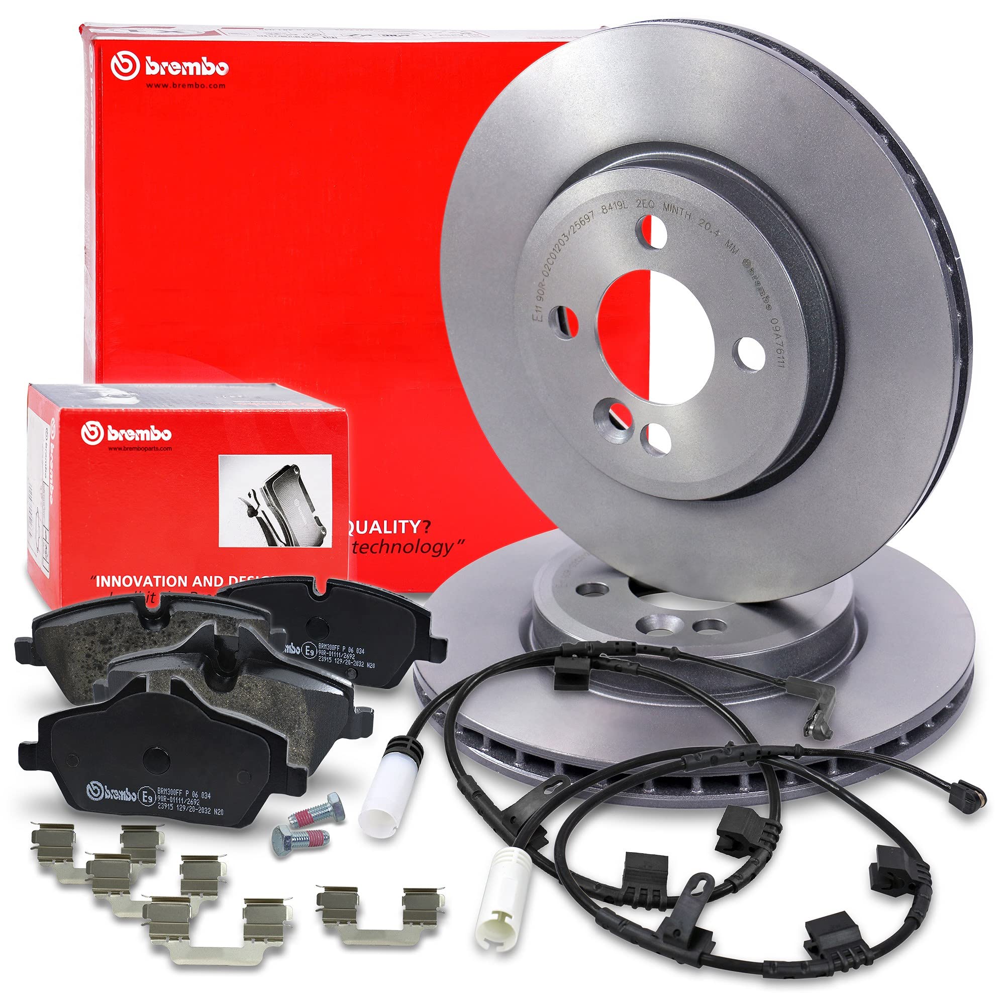 BREMBO Coated Disc Line Bremsenset Vorderachse inkl. Bremsscheiben Vorne Ø 280 mm Belüftet und Bremsbeläge Vorne + Verschleißkontakt Kompatibel mit MINI (R56) (R57) (R55) (R55) (R58) (R59)