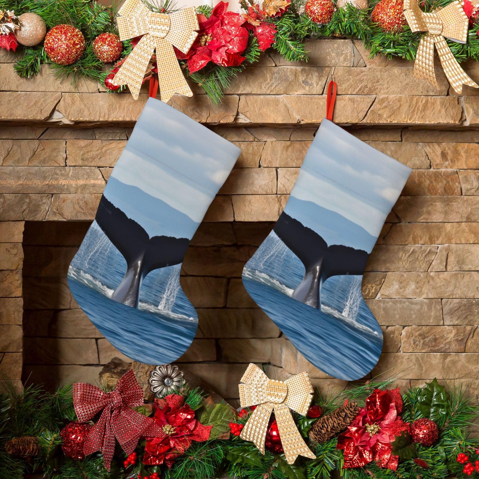 KLOPH Christmas Stockings 18" Personalized Xmas Stocking Whale Tail Decoration Stocking Hanging Fireplace Stocking for Holiday Xmas Tree Christmas Fireplace Decor