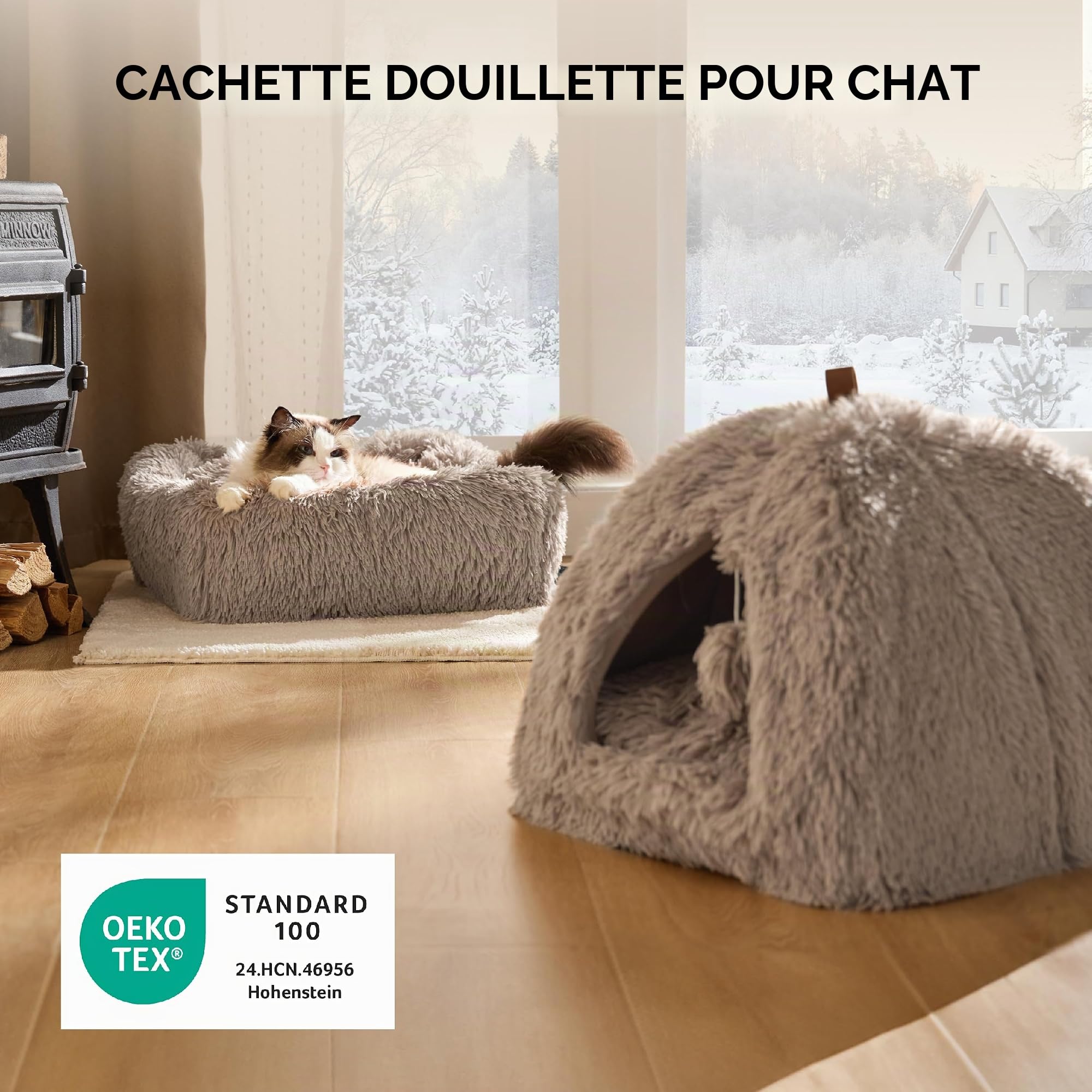 Bedsure Lit Grotte Chat Igloo - Maison Chat Moelleuse, 40x40cm | Coussin Amovible Lavable, Lit Animal Pliable Portable, Peluche Douce, Camel