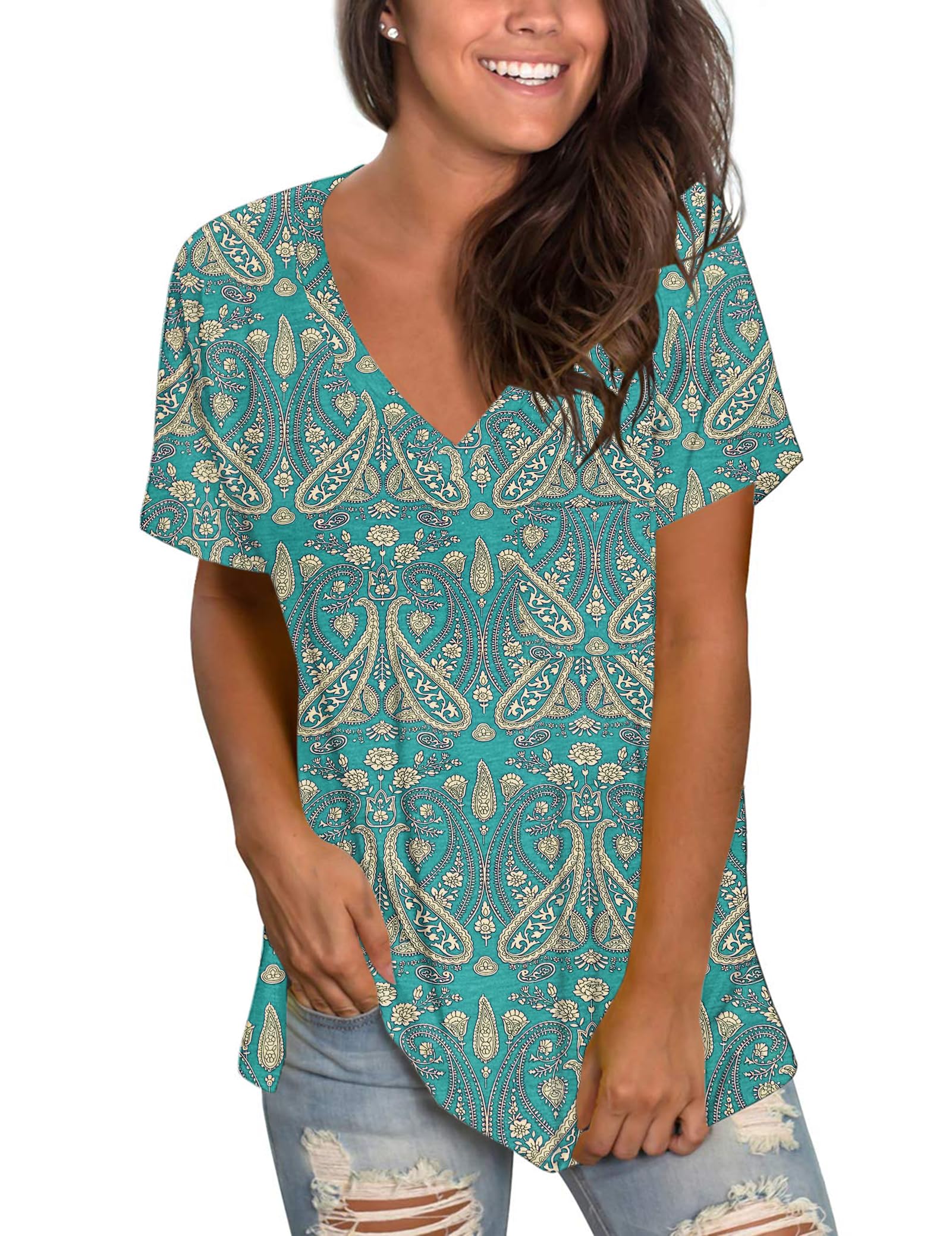 MOLERANI Womens Tshirts Short Sleeve V Neck T Shirts Summer Casual Blouses Boho Floral Green 3XL UK20-22