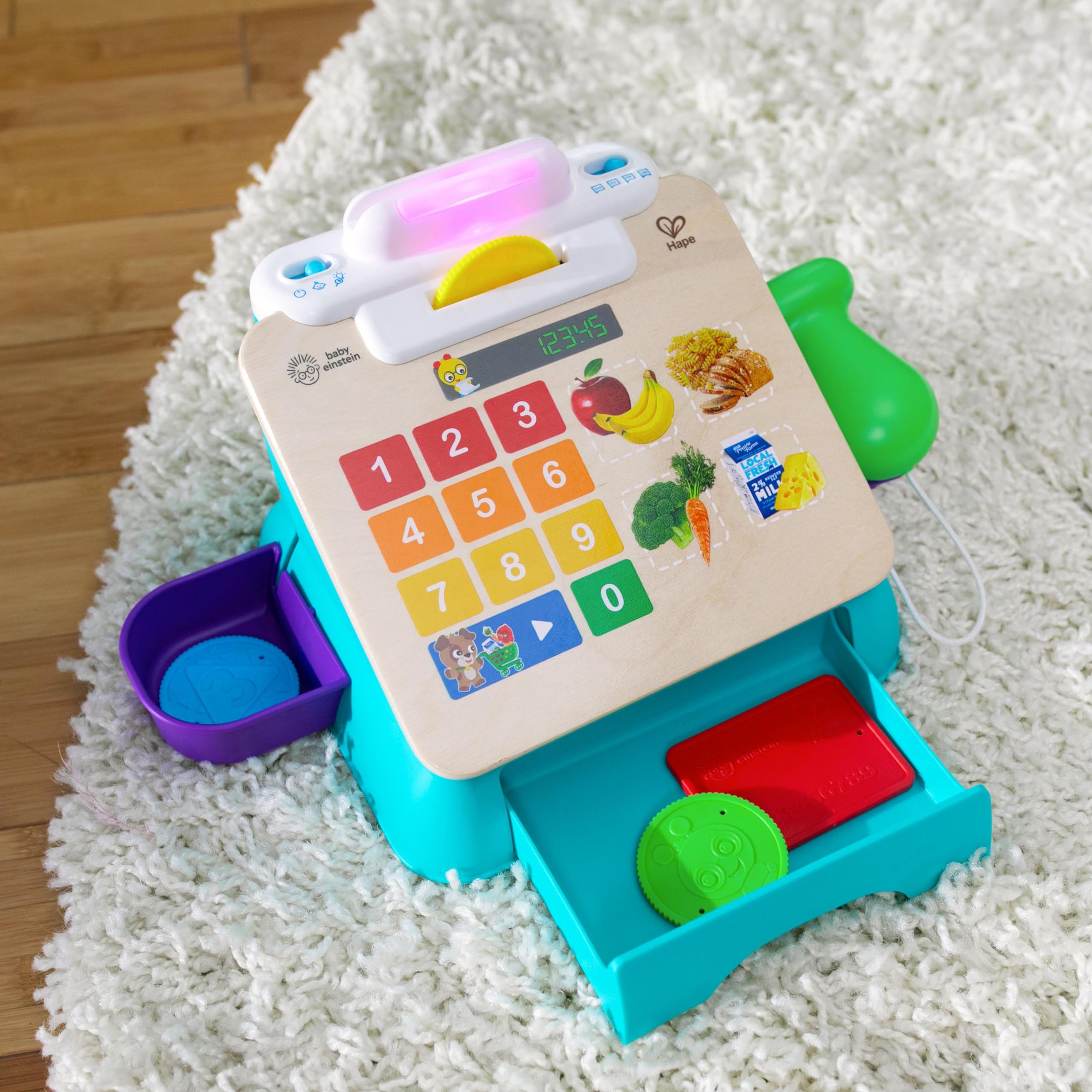 Baby Einstein + Hape Magic Touch Cash Register Pretend to Check Out Toy, z prawdziwymi dźwiękami i muzyką, dla dzieci w wieku od 9 miesięcy