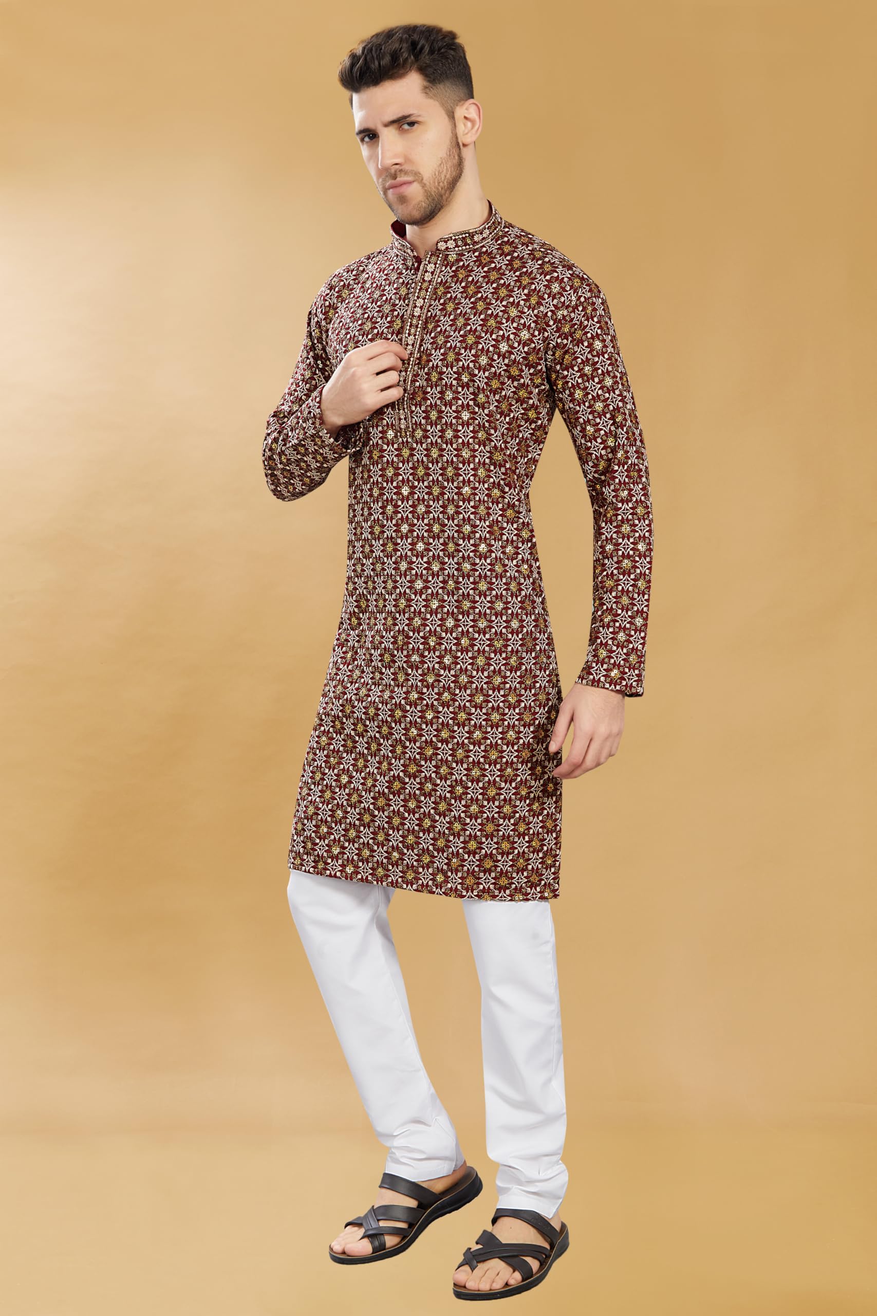 Divisive Men's Sequince Embroidered Cotton Blend Only Slim Fit Kurta (Dkrt752_M_Maroon)