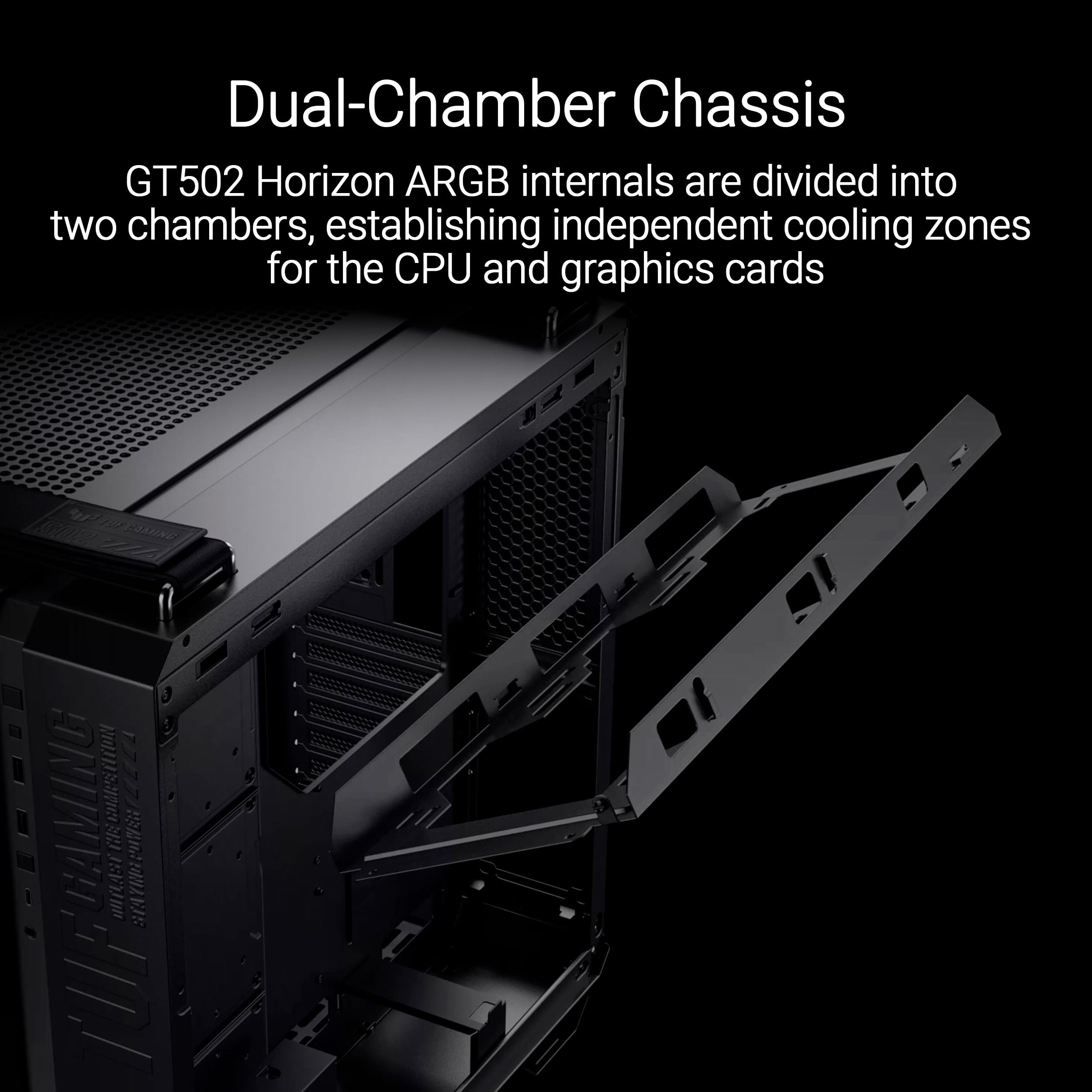 ASUS TUF GAMING GT502 HORIZON TG ARGB BLACK,Chassis a Doppia Camera con Design Panoramico e Pannello in Vetro, 4 Ventole ARGB Preinstallate, Porta USB-C ad Alta Velocità,Montabile senza Attrezzi, Nero