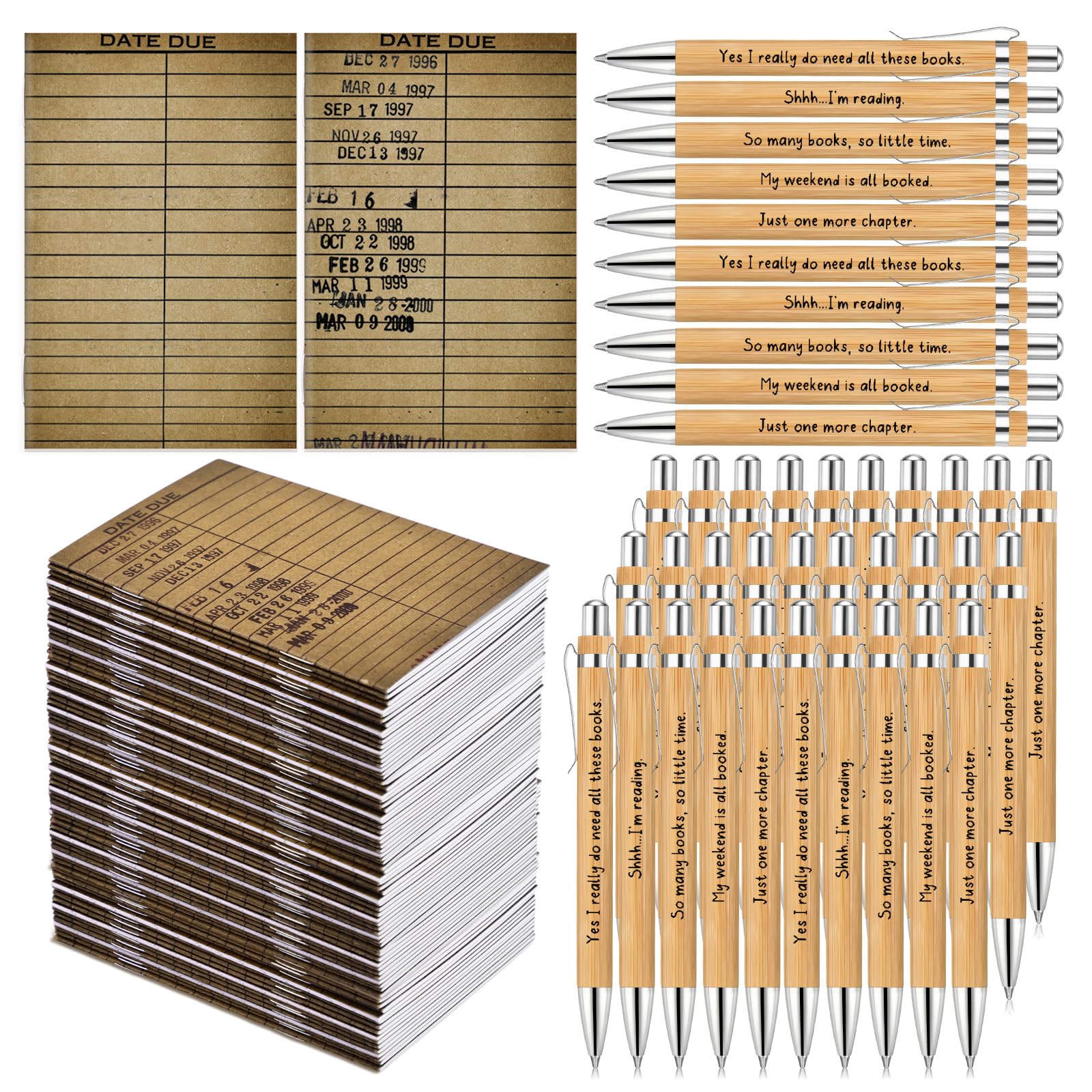Sayglossy 50 Set Buchclub-Geschenke, Bulk-Buchliebhaber, Geschenk, Schule, Bibliothekar, Wertschätzungsgeschenk, Bulk-Fälligkeitsdatum, Notizblock, Bambus-Stifte für Schulanfang, Lehrer, Lesen, Party