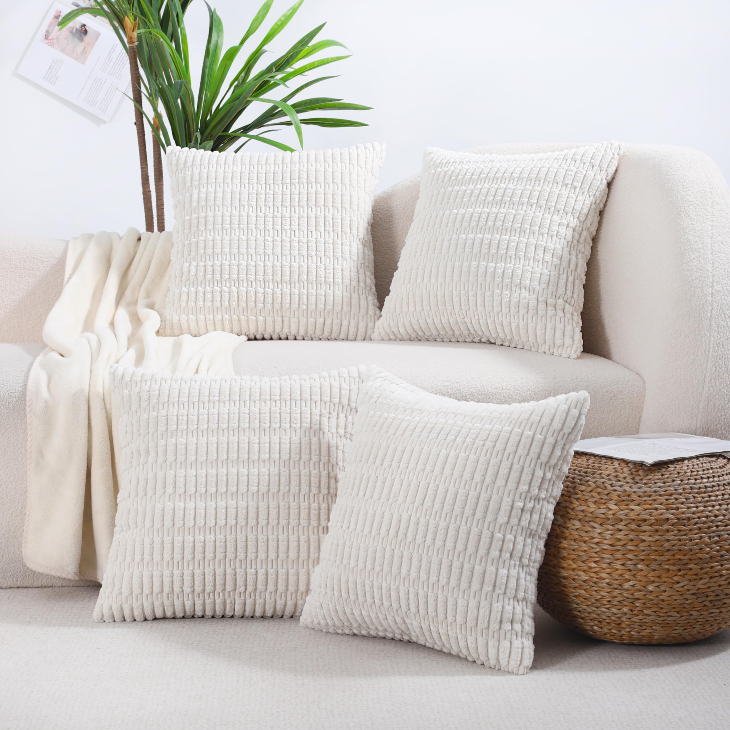 All Smiles Decorative Cream Throw Pillow Covers 20x20 Set of 4 Farmhouse Rustic Boho Home Decor Soft Plush Striped Corduroy Square Cushion Case for Living Room Couch Bed Sofa — image 1