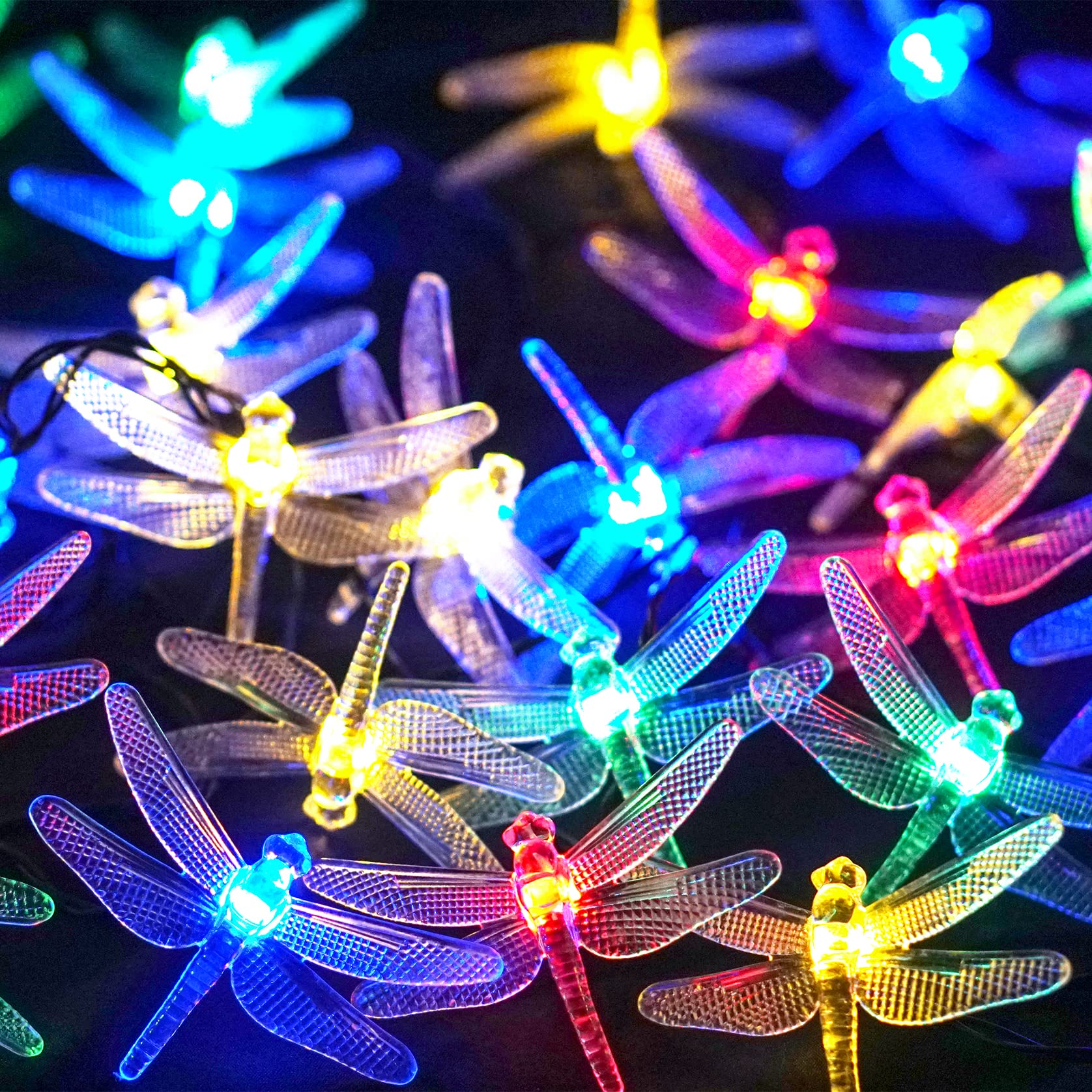 SmilingTownSolar Dragonfly String Light 30LED 21ft Garden Stake Lights Waterproof Outdoor le Fairy Lights with 8 Lighting Modes for Trees, Patio, Fence Christmas Decor (Solar Powered, Multi)