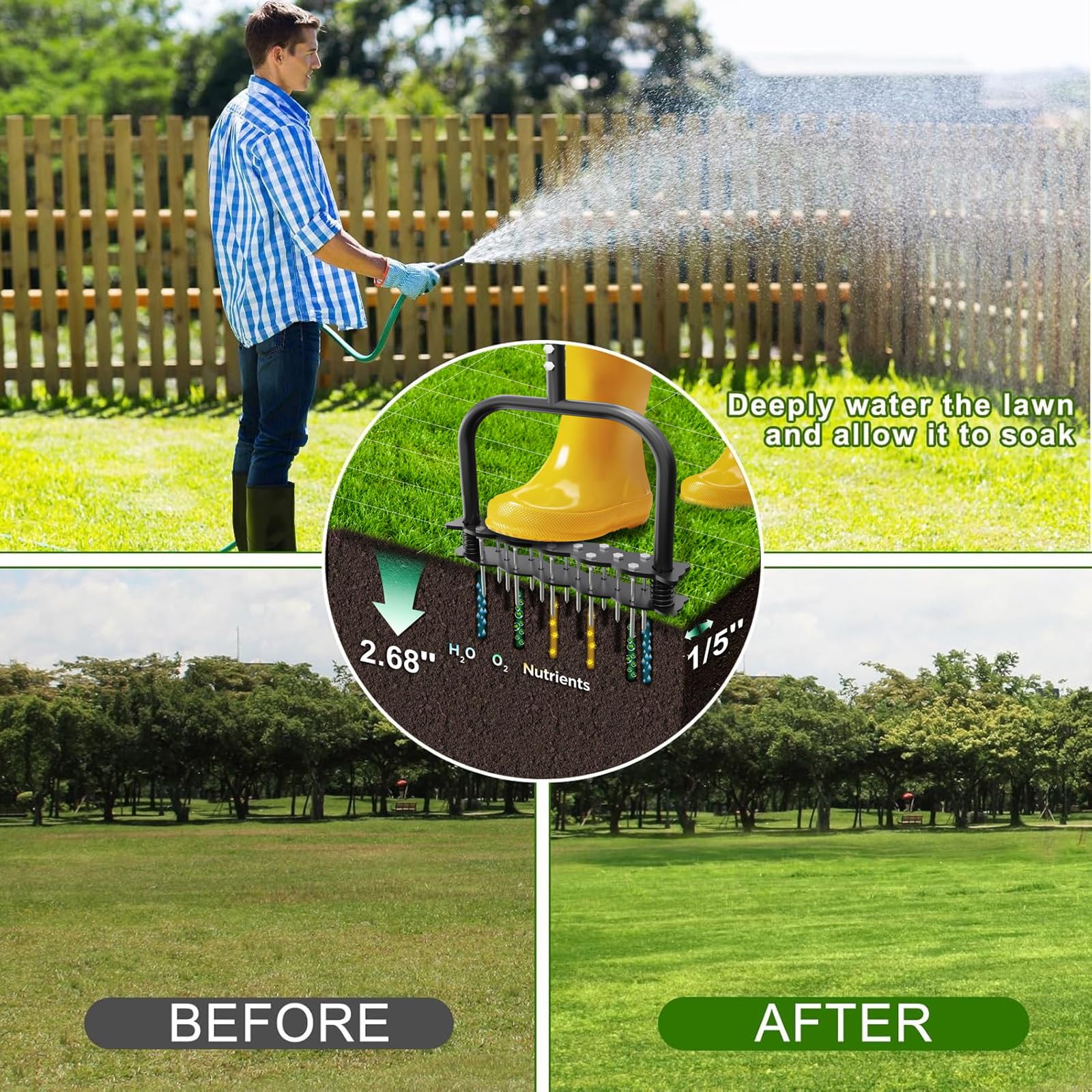 EPROICKS Aireador De Césped,Escarificador De Cesped,Escarificador Manual con 14 Púas, Capaz De Penetrar 6,8 Cm En El Suelo; Ideal para Jardines, Aireación De Césped y como Herramienta De Jardinería