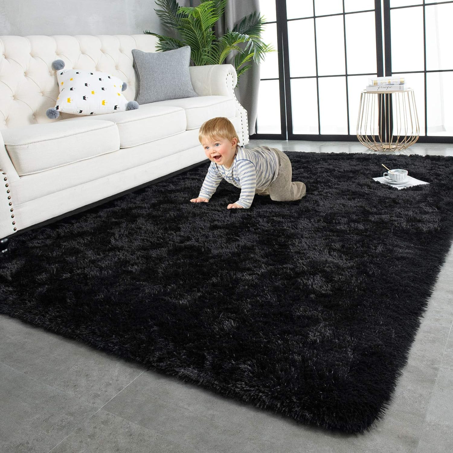 TWINNIS Super Soft Shaggy Rugs Fluffy Carpets,5x7 Feet, Indoor Modern Plush Area Rugs for Living Room Bedroom Kids Room Nursery Home Decor, Upgrade Anti-Skid Rectangular Fuzzy Rug, Black