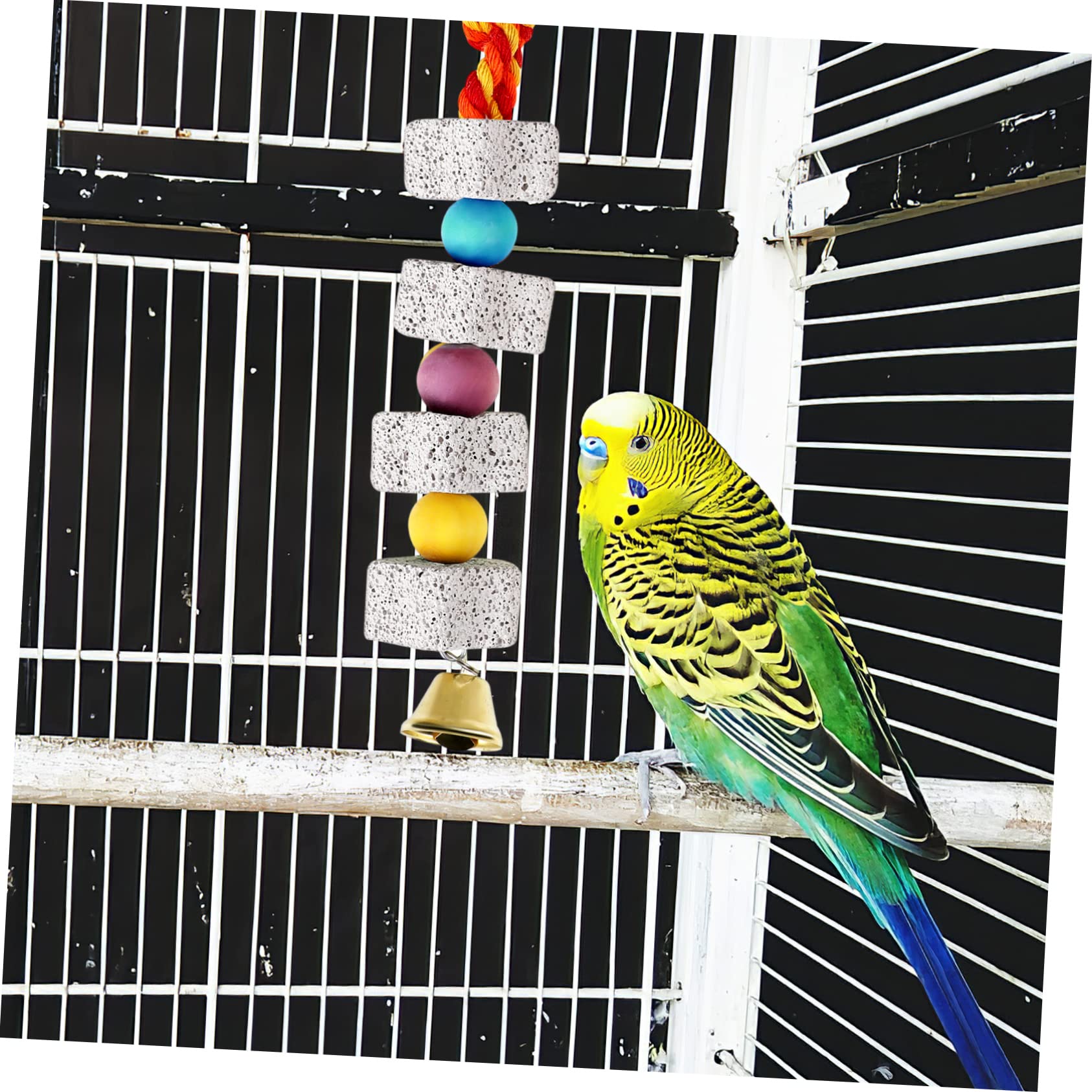 VICASKY 4Pcs Parrot Chewing with Beak Grinding Stone and Bells Bird for Parakeets Cockatiels and Hamsters Mineral Stone Chew for Healthy Beak Care