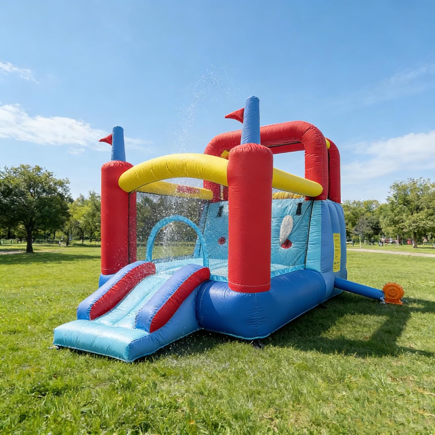 8 in 1 Inflatable Water Slide with 2 Water Slides and 1 Short Slide, Detachable Sprinkler Race, 2 Surf Riders, 550w Blower, Bouncer, Climbing, Basketaball Hoop & Dart Game, for 3-12 Years