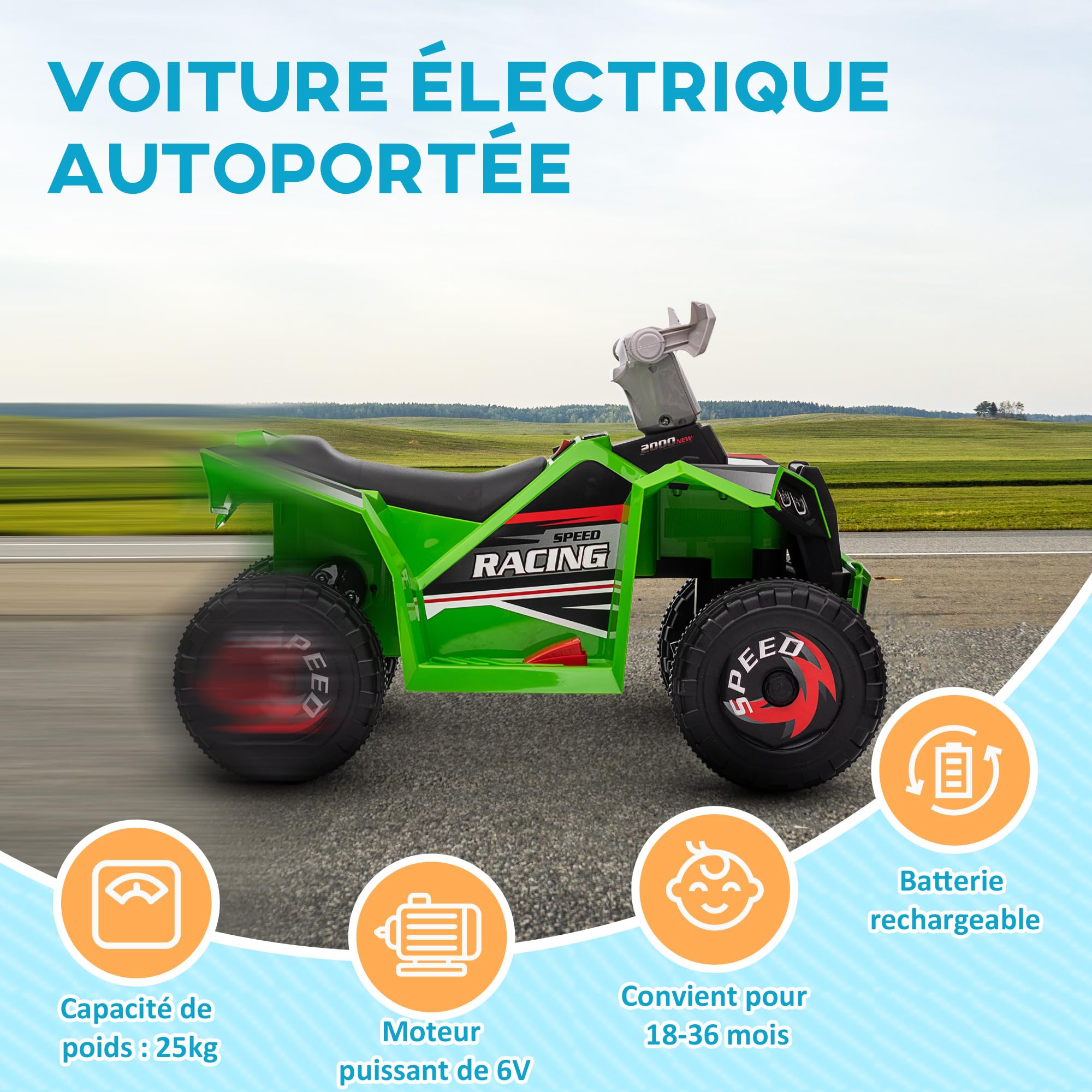 HOMCOM Elektrische quad voor kinderen 18-36 maanden voertuig met accu 6 V met voor- en achteruitversnelling, maximale belasting. 20 kg, 72 x 40 x 45,5 cm, roze