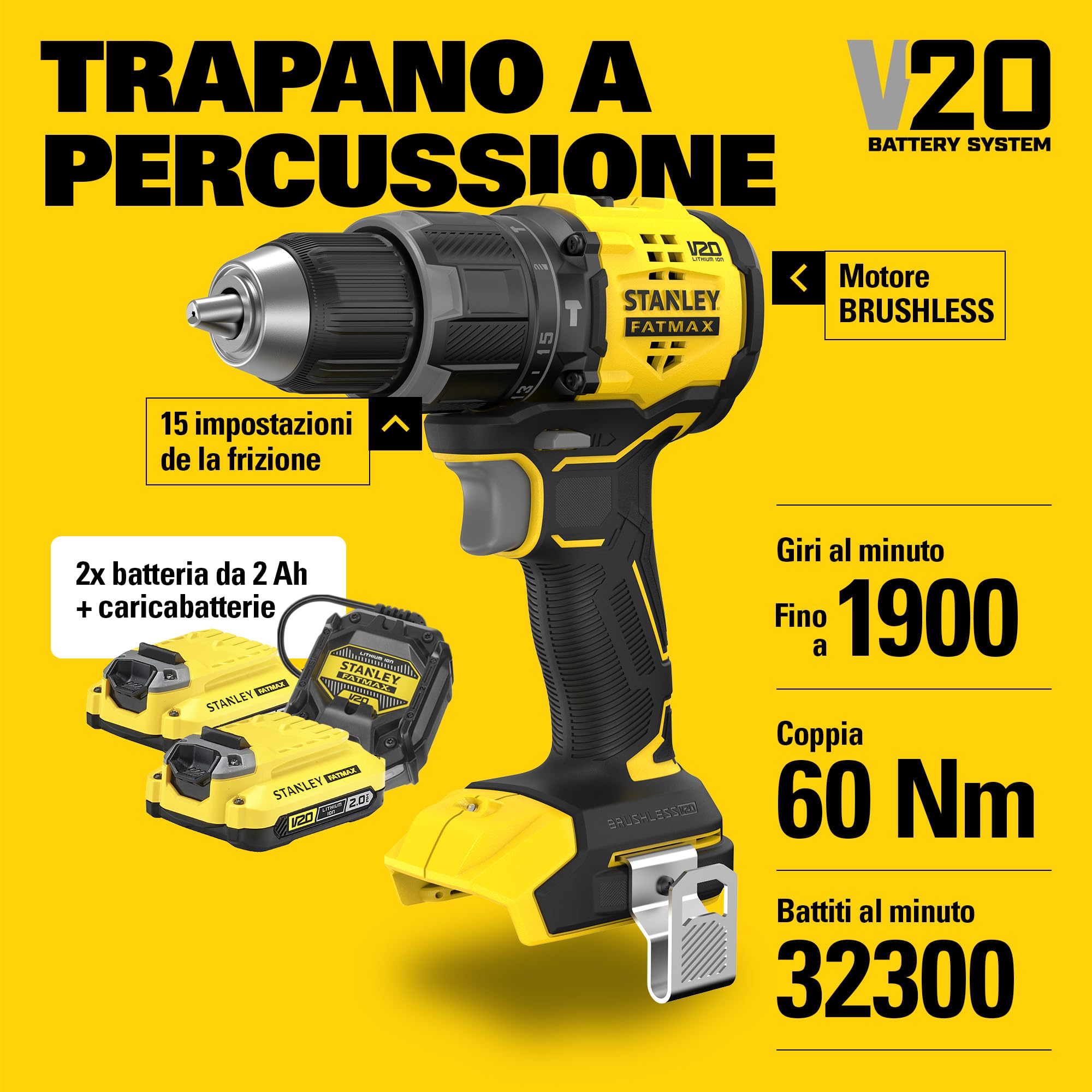 STANLEY V20 Trapano avvitatore a percussione a 2 ingranaggi senza filo, include batteria agli ioni di litio da 2,0Ah, caricatore da 1,25A e 100 accessori con custodia ProStack, 18V, SFMCD716D2A-QW