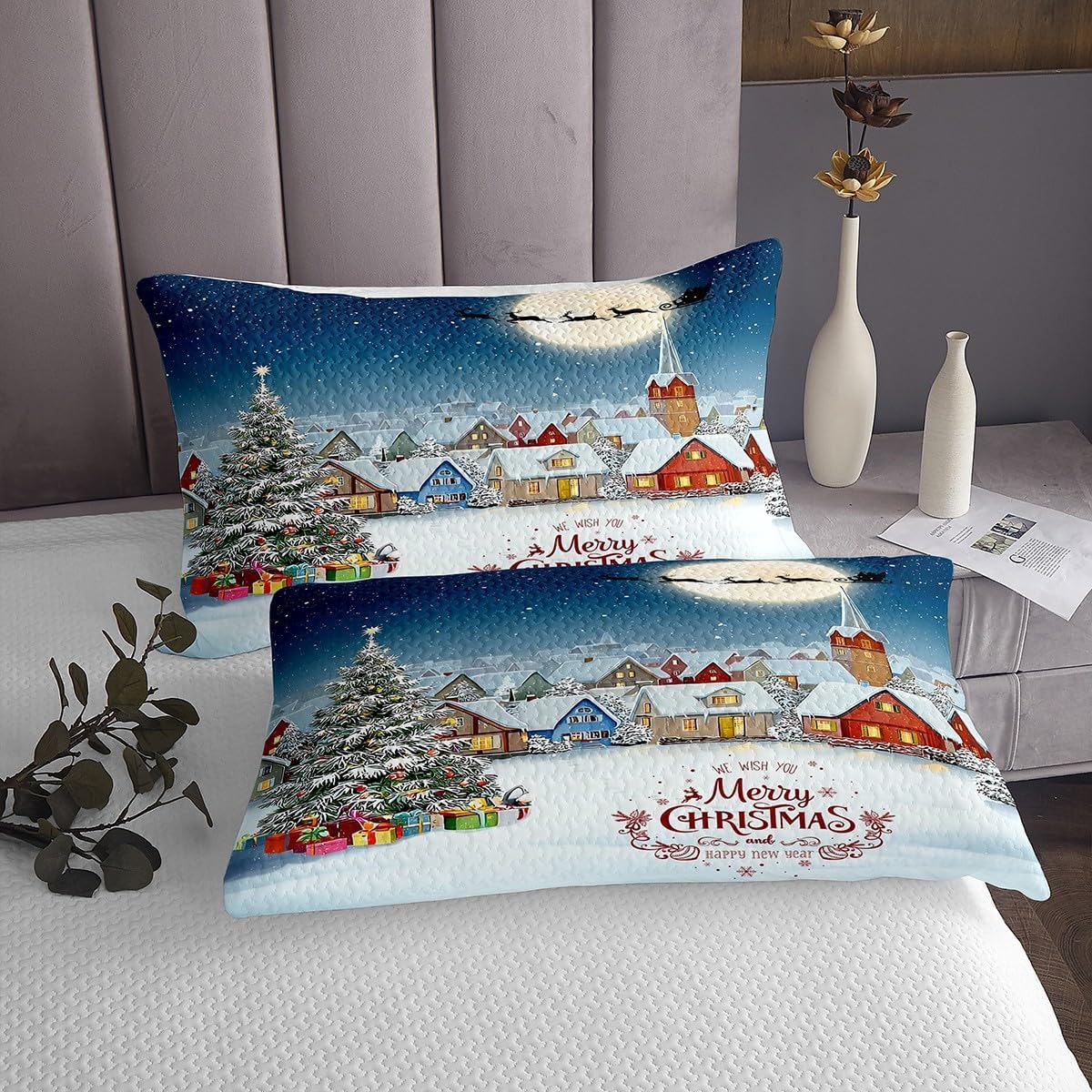 Merry Christmas Quilted Coverlet, Santa Claus Gifts Bedspread Adult Women Kids New Year Presents Coverlet Set, Boys Girls Christmas Trees Winter Xmas Warm Theme Bedding Collection, Twin Size
